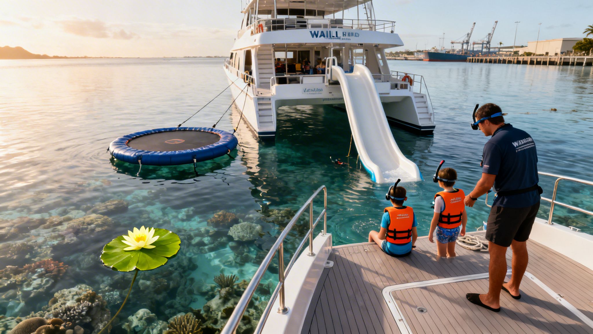 Two children and an adult on a boat preparing to snorkel near a catamaran with a waterslide.