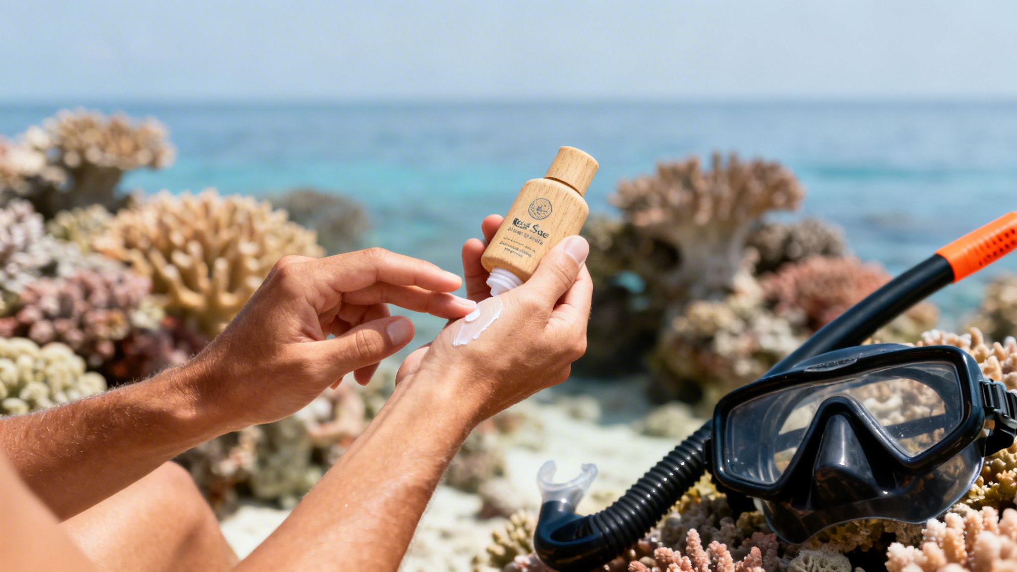 A person applies reef-safe sunscreen to their hand on a tropical beach with coral and a snorkel mask.