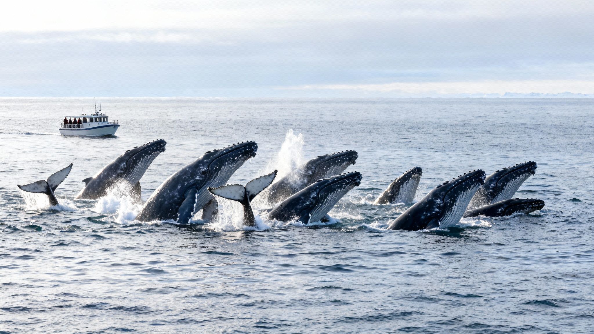 Spectacular image of multiple humpback whales surfacing and lunging for food near a tour boat.
