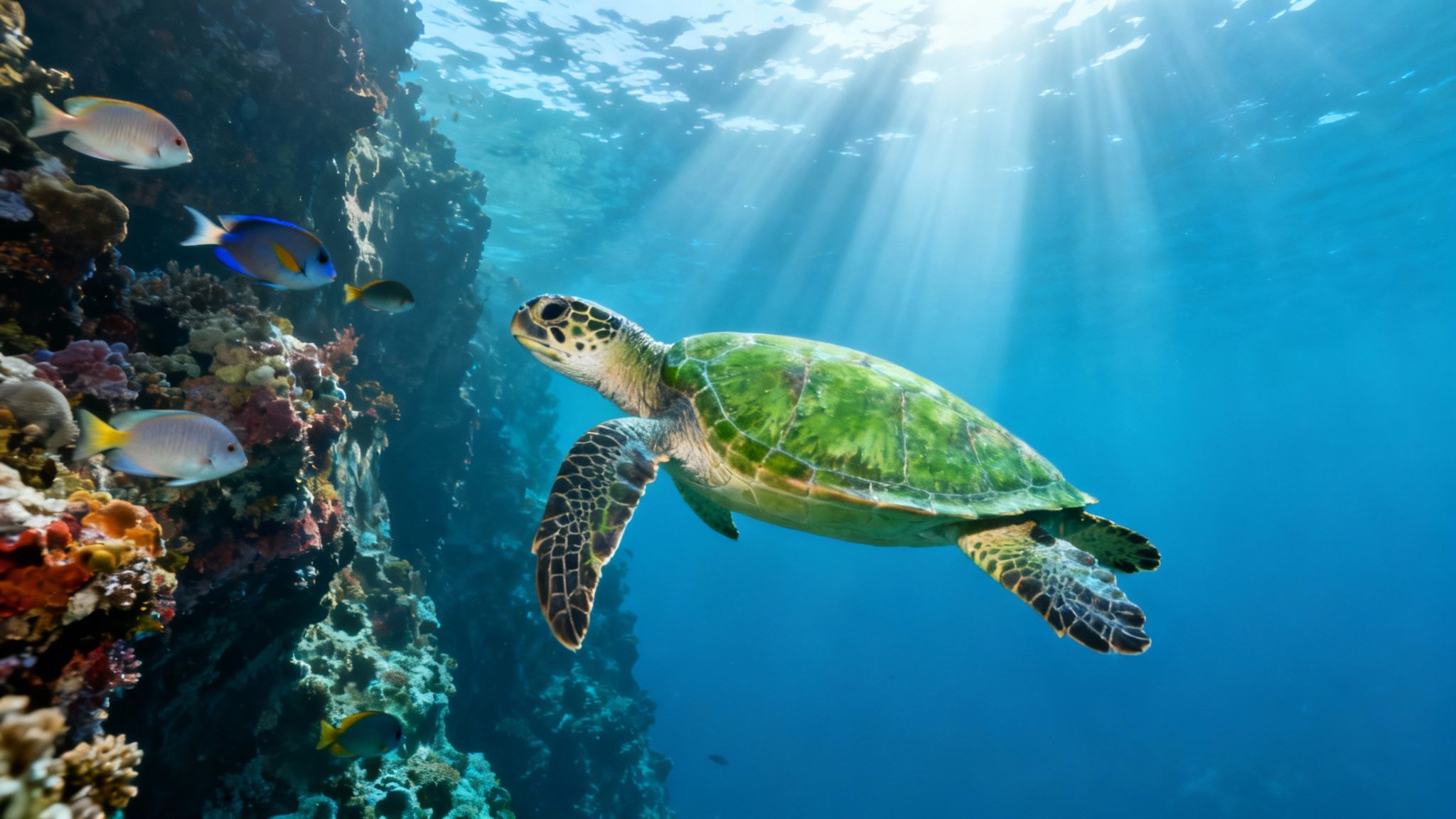 A majestic green sea turtle swims gracefully next to a vibrant coral reef, with sun rays piercing through the blue ocean water.