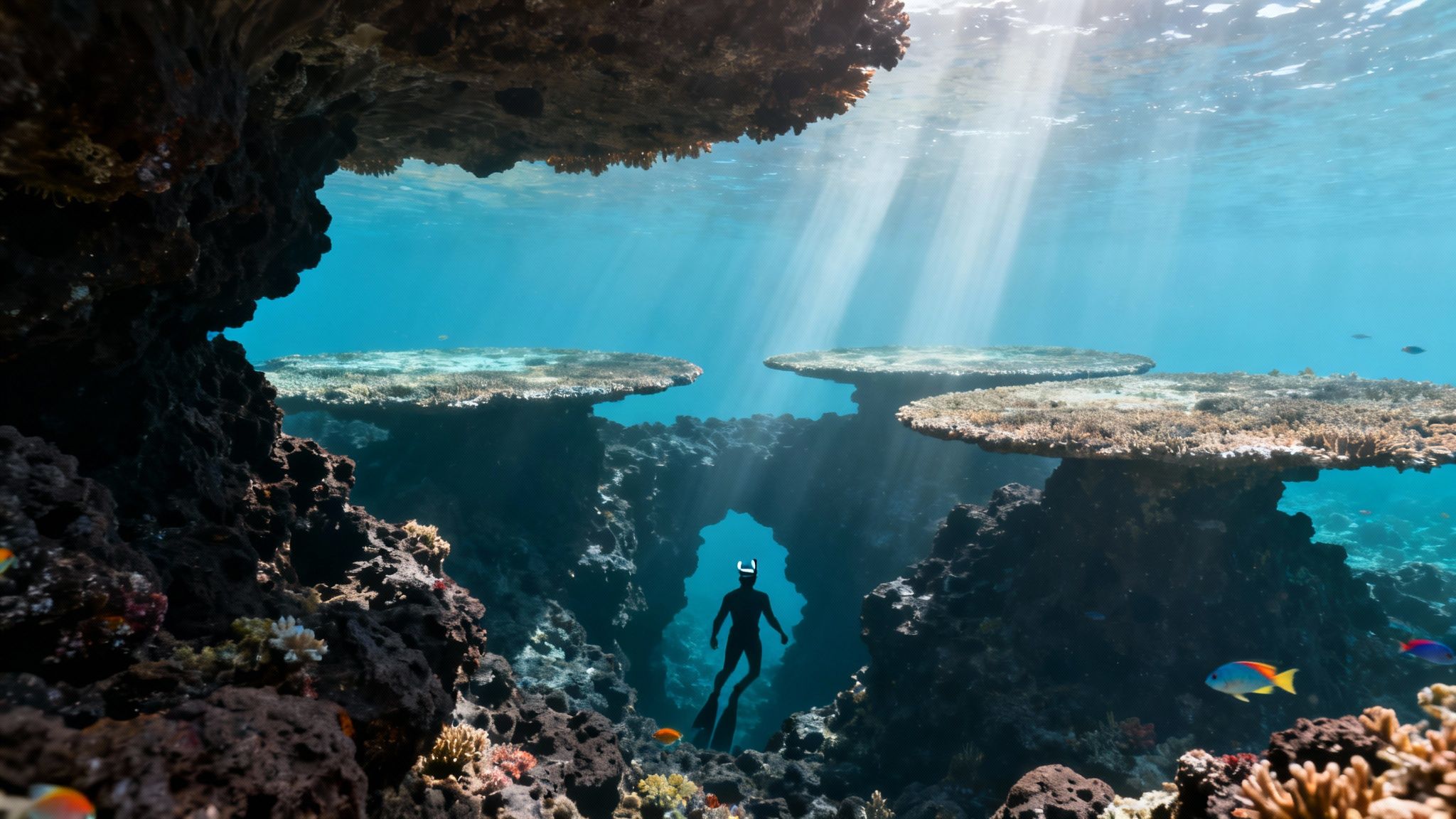 A diver explores stunning coral formations and sunlit waters, surrounded by vibrant marine life.