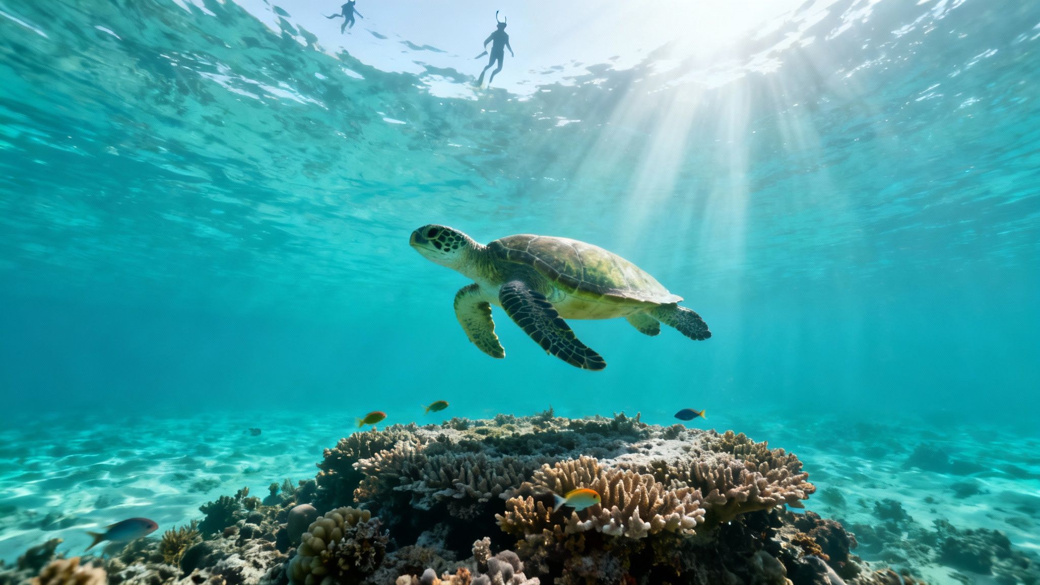 Underwater view of a green sea turtle swimming over a coral reef with snorkelers and sunbeams.