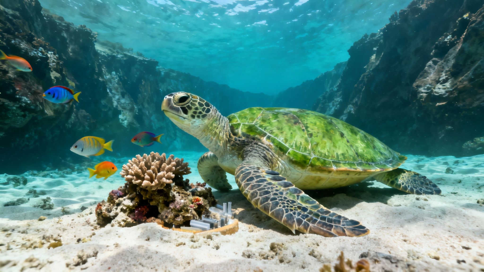 A green sea turtle swims on a sandy ocean floor surrounded by colorful fish and coral reefs.