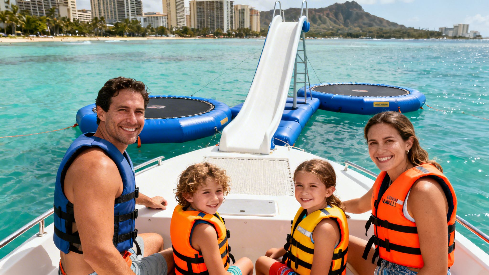 Smiling family on a boat with water slide and trampolines in beautiful Hawaiian waters.