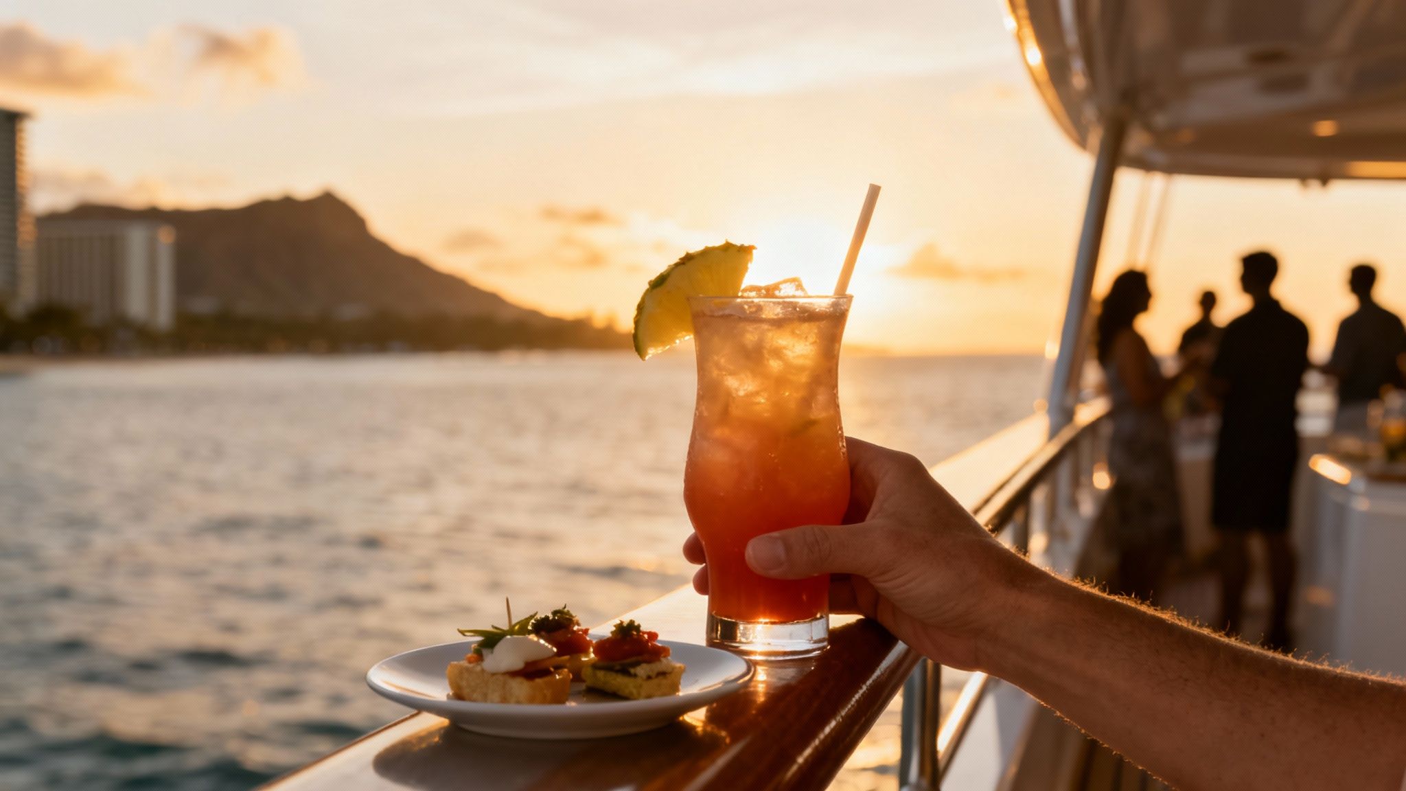 A hand holds a vibrant cocktail and appetizers on a boat at sunset with Diamond Head and Honolulu in the background.