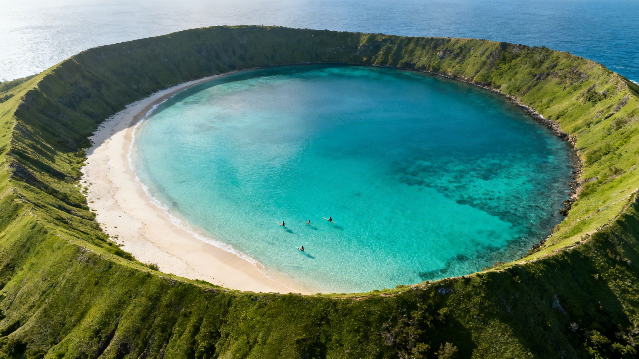 Aerial view of a stunning blue lagoon beach inside a green volcanic crater with people paddleboarding.