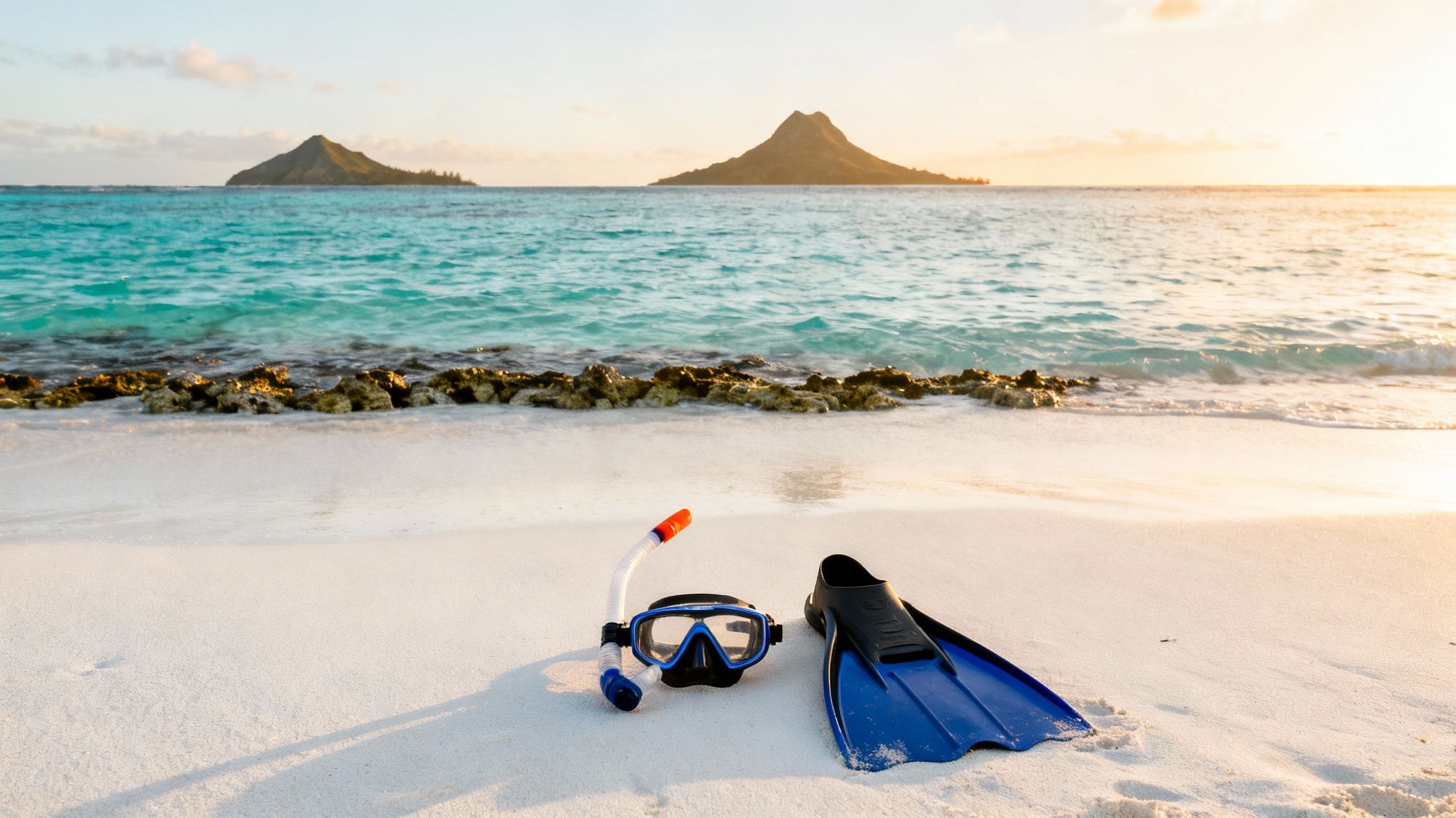 Snorkeling gear on a tropical white sand beach with turquoise water and islands in the distance.