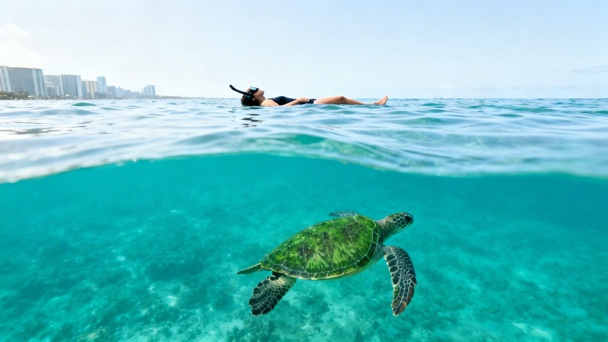 A split-level view shows a person snorkeling on the surface above a sea turtle swimming underwater, with a city skyline in the distance.