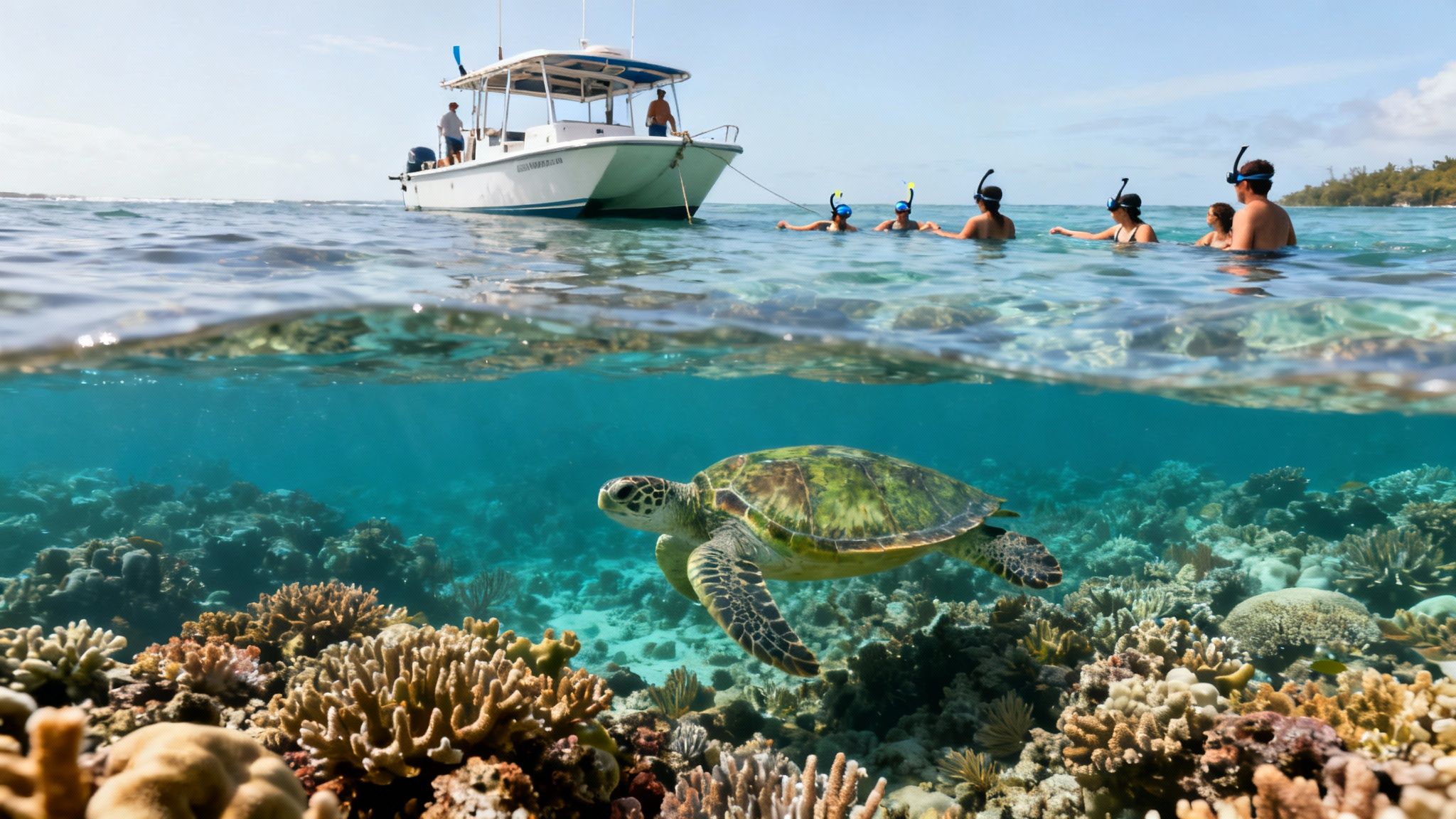 Split view: snorkelers and boat above water, a sea turtle over vibrant coral reef below.