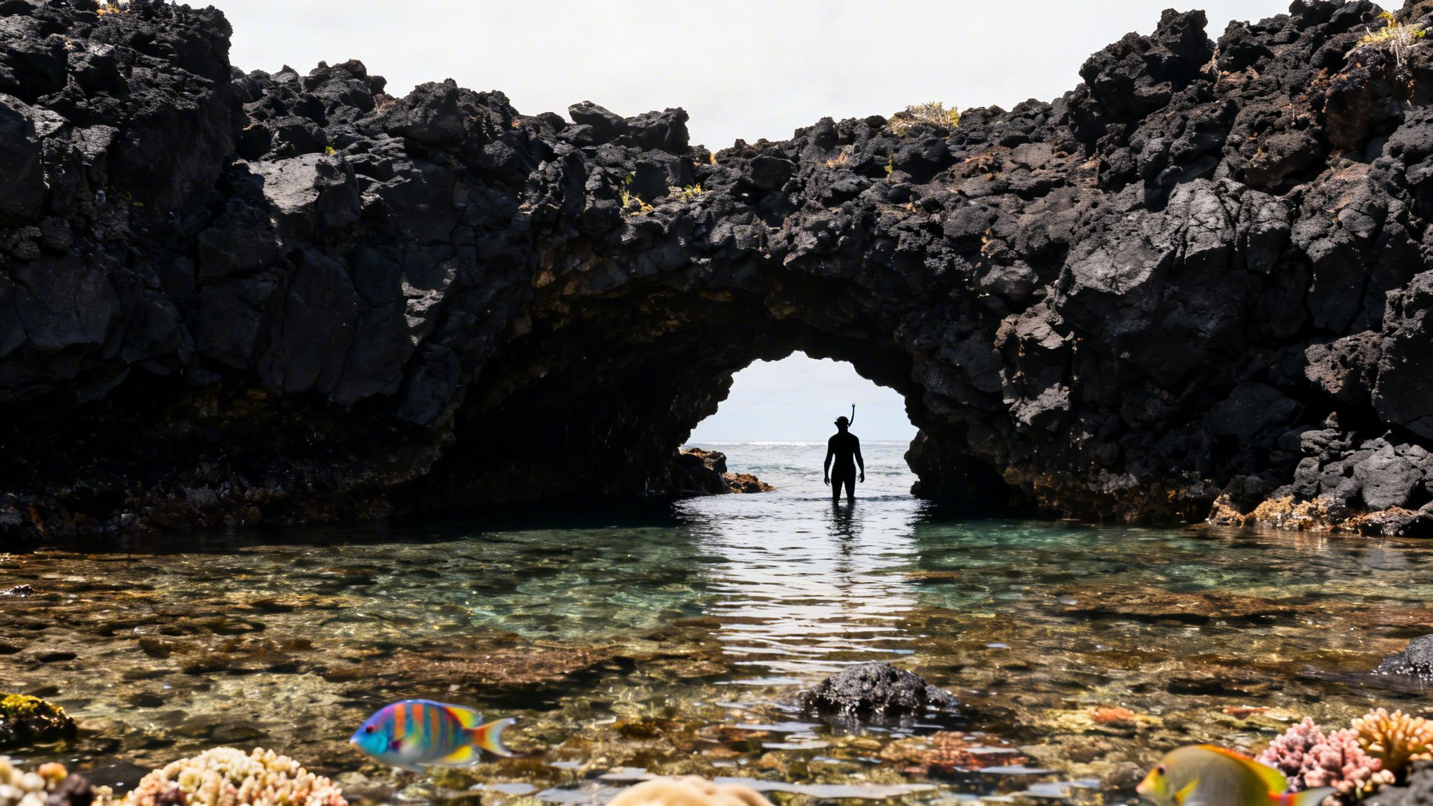 A person with a snorkel stands in shallow, clear water under a dark volcanic rock arch, with colorful fish and coral visible.
