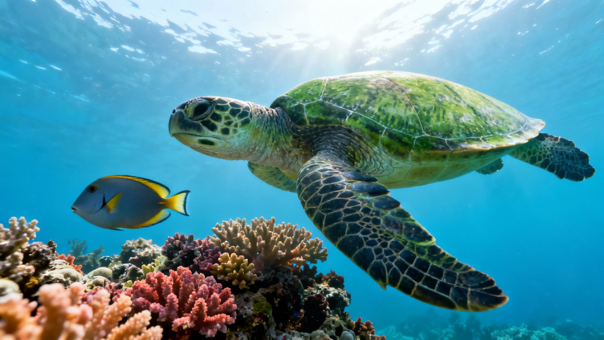 A majestic green sea turtle swims gracefully through vibrant coral reefs with a tropical fish.