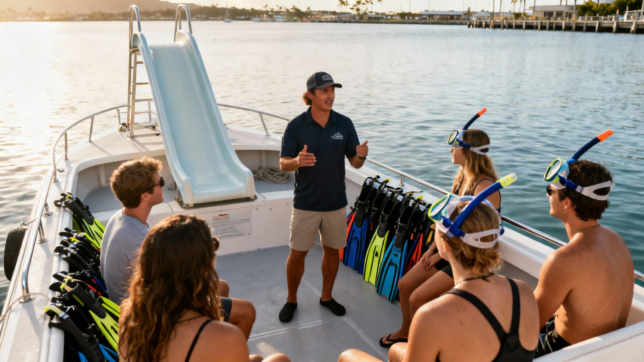 An instructor briefs a group of people on a boat, surrounded by snorkeling gear and a water slide.