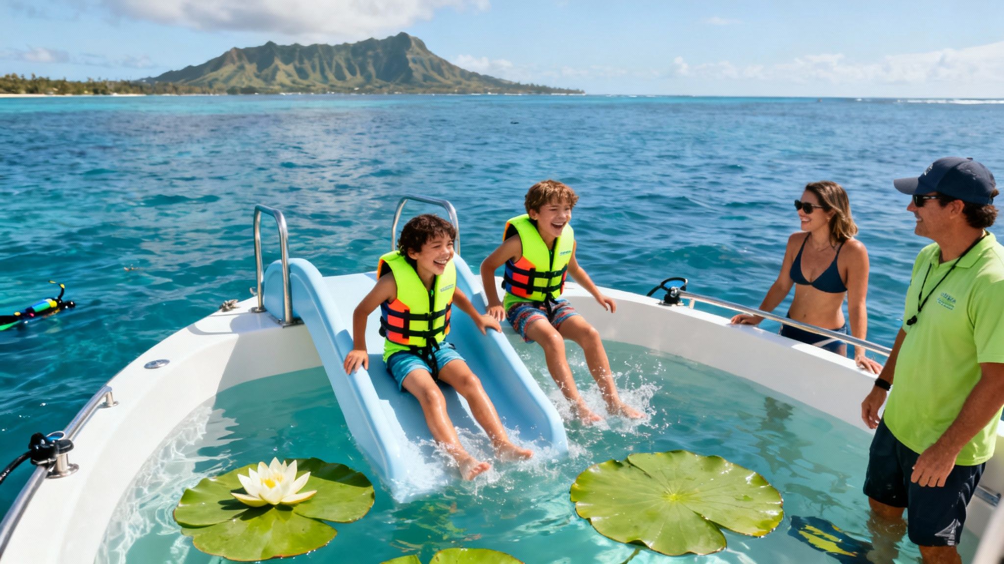 Two happy boys slide into a boat's built-in pool, supervised by adults, with ocean and mountains in the background.