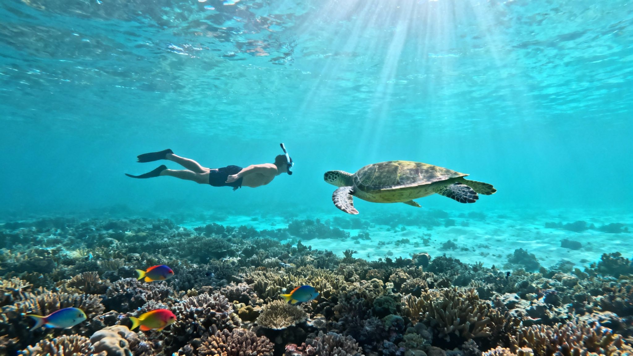 A snorkeler swims near a sea turtle over a vibrant coral reef with colorful fish.