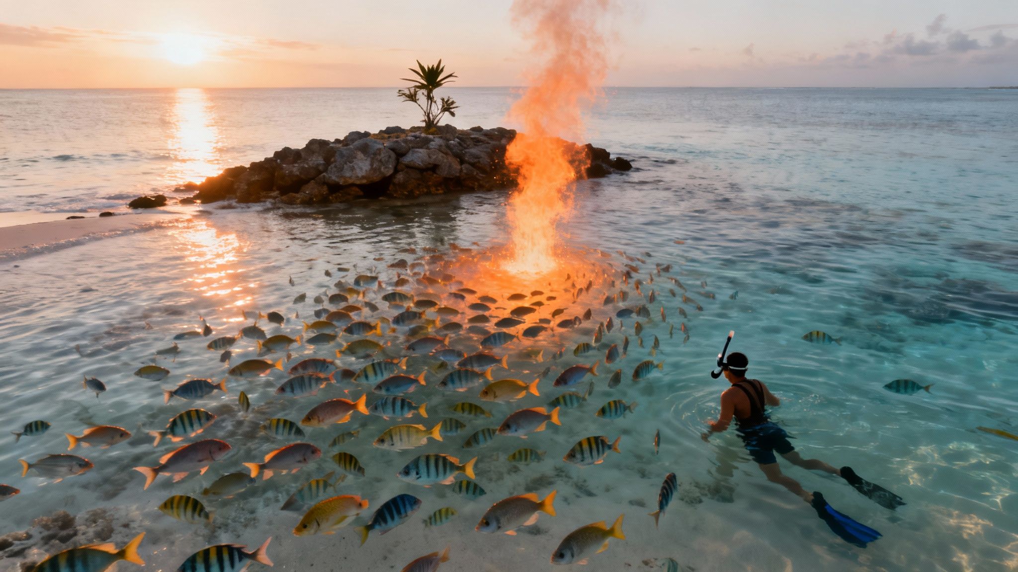A person snorkeling among a large school of fish near a rocky island with a fiery eruption at sunset.
