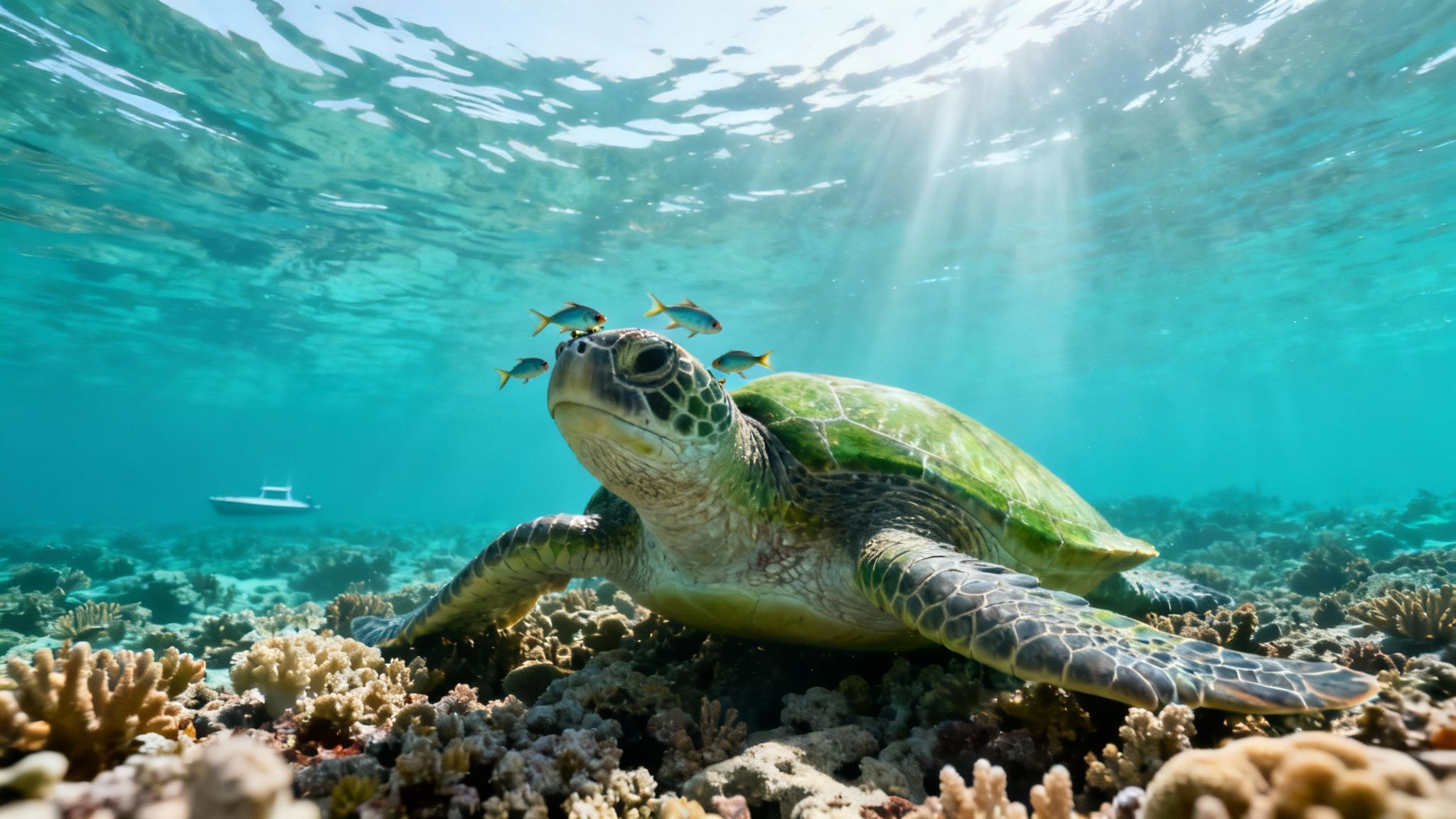 A majestic green sea turtle rests on a vibrant coral reef, small fish above its head, sunlight streaming.