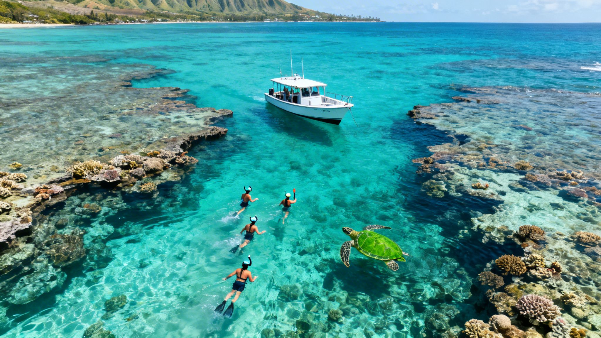 People snorkeling from a boat with a sea turtle and coral reefs in clear turquoise ocean water.