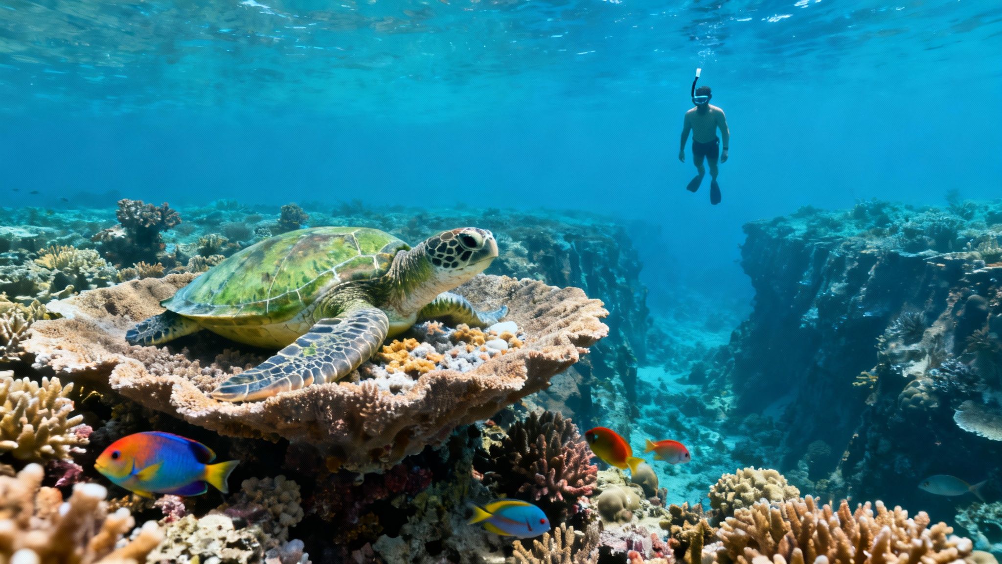 A snorkeler observes a majestic green sea turtle surrounded by vibrant coral and fish.