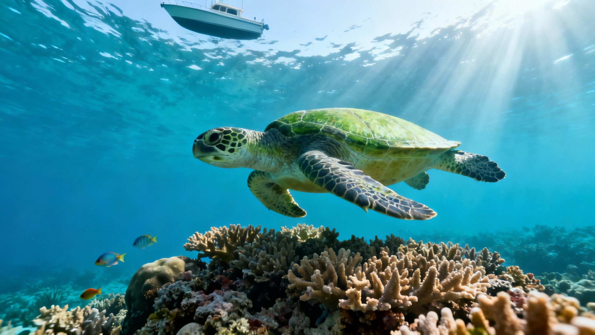 A green sea turtle swims gracefully over a colorful coral reef in clear blue ocean water, with sunlight streaming from above and a boat visible on the surface.
