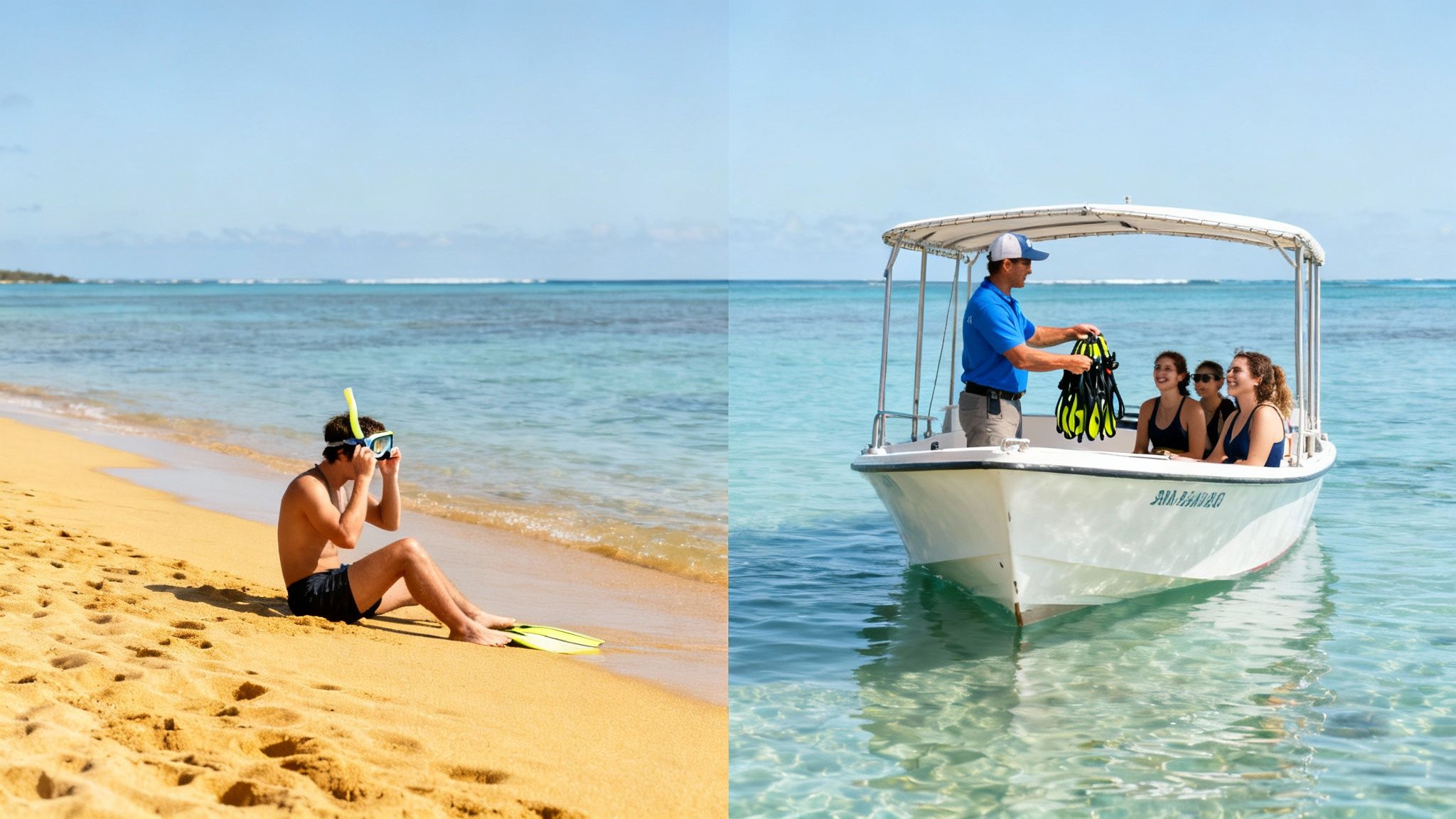 A man prepares to snorkel on a sunny beach, while a guide hands out gear to women on a boat.