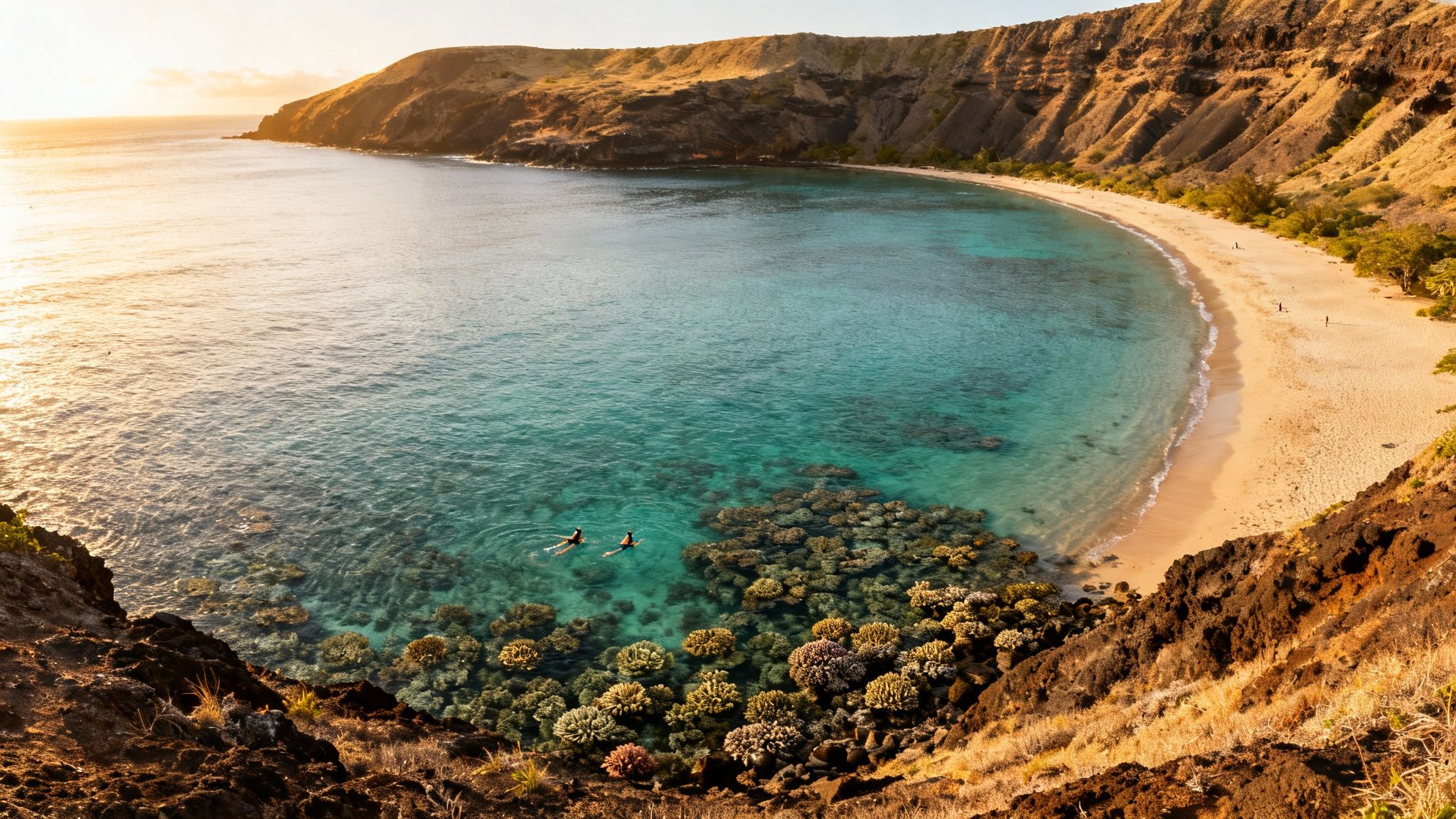 Aerial view of a stunning tropical bay with a sandy beach, clear turquoise water, and coral reefs where two people snorkel.
