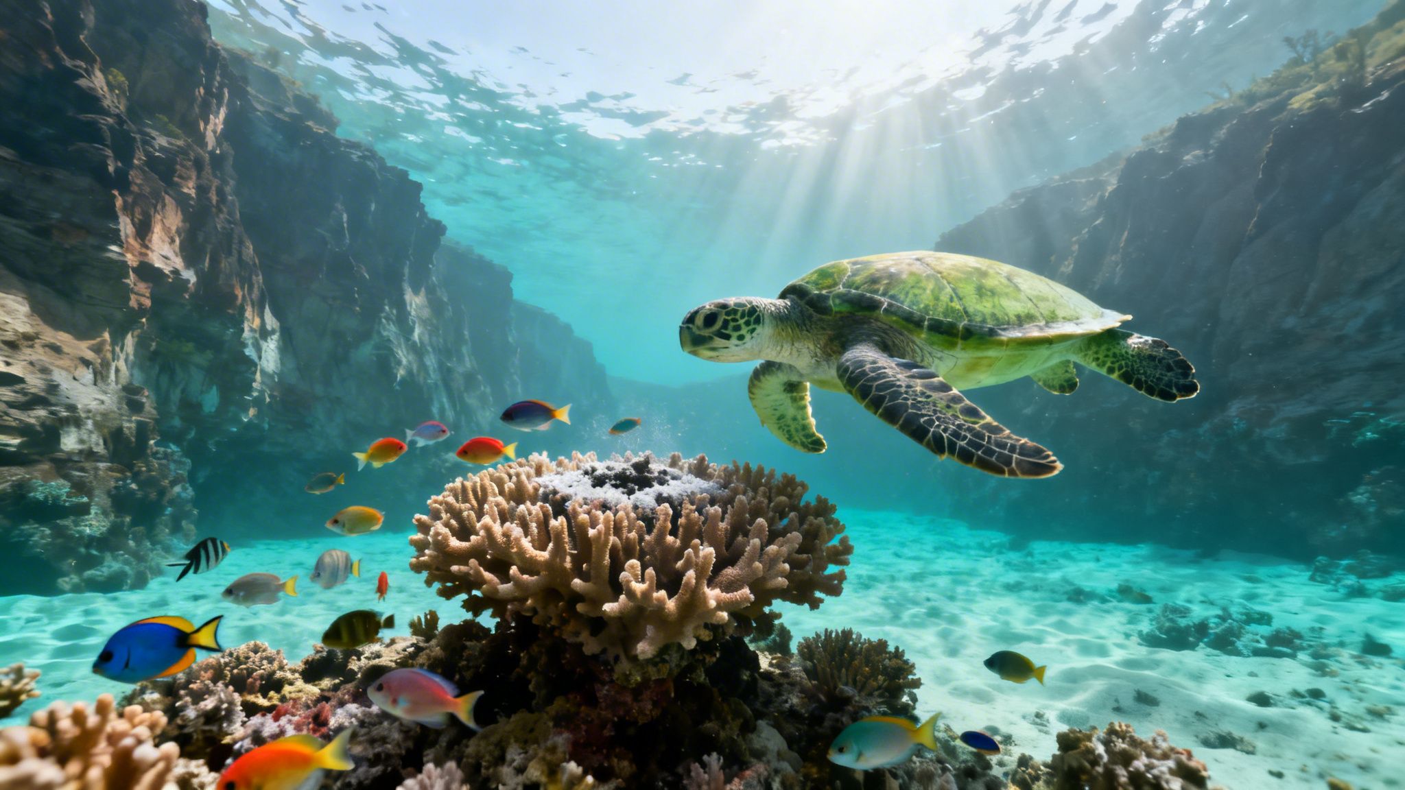 A green sea turtle swims gracefully above a vibrant coral reef, surrounded by colorful tropical fish in sunlit ocean water.