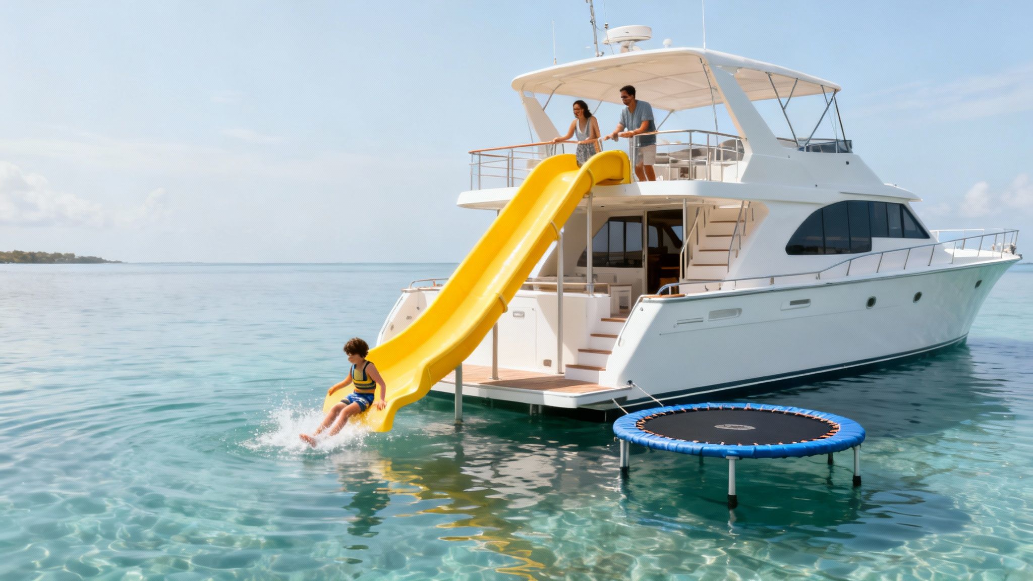 Family enjoying water activities on a luxury yacht with a yellow slide and trampoline.