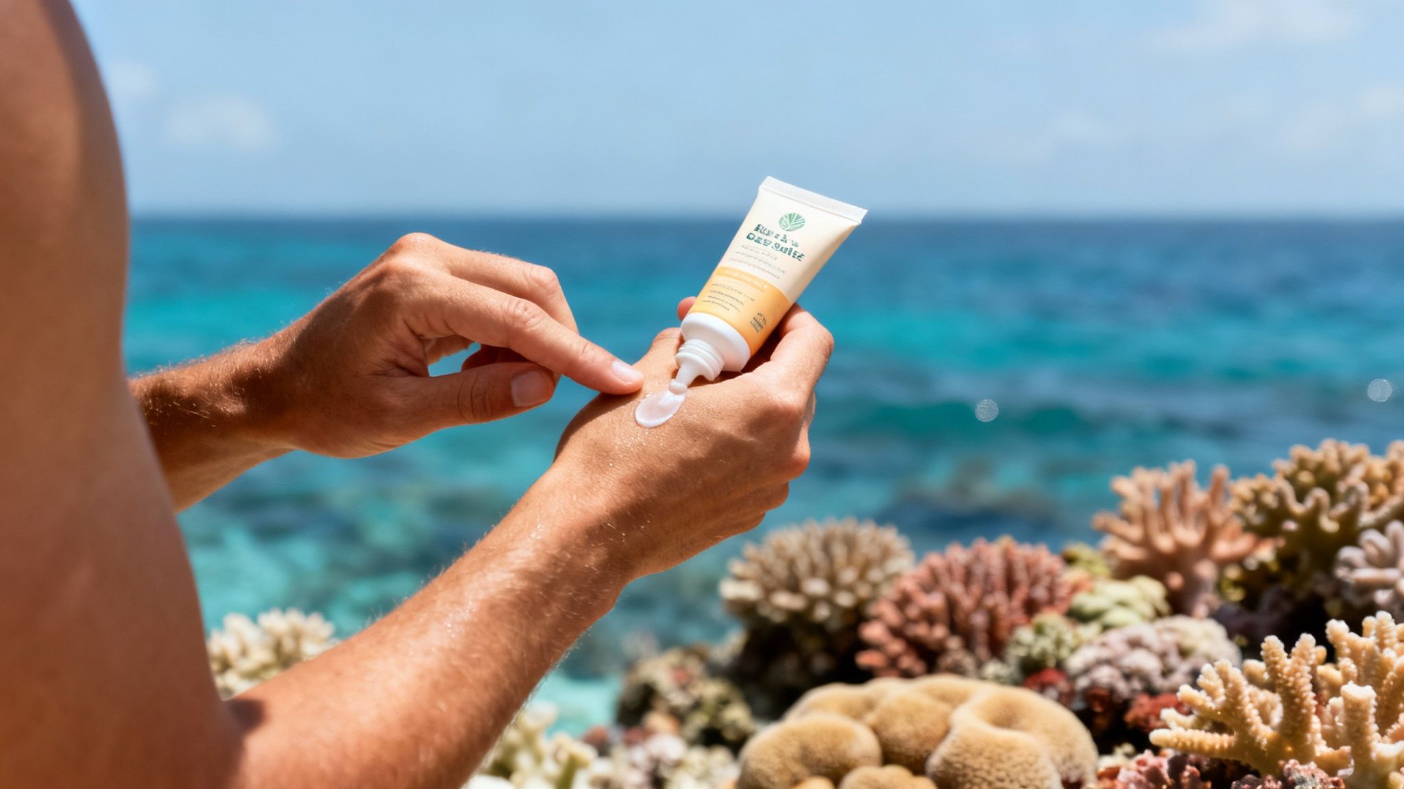 Hands applying coral-safe sunscreen with a tropical ocean and vibrant coral reef in the background.