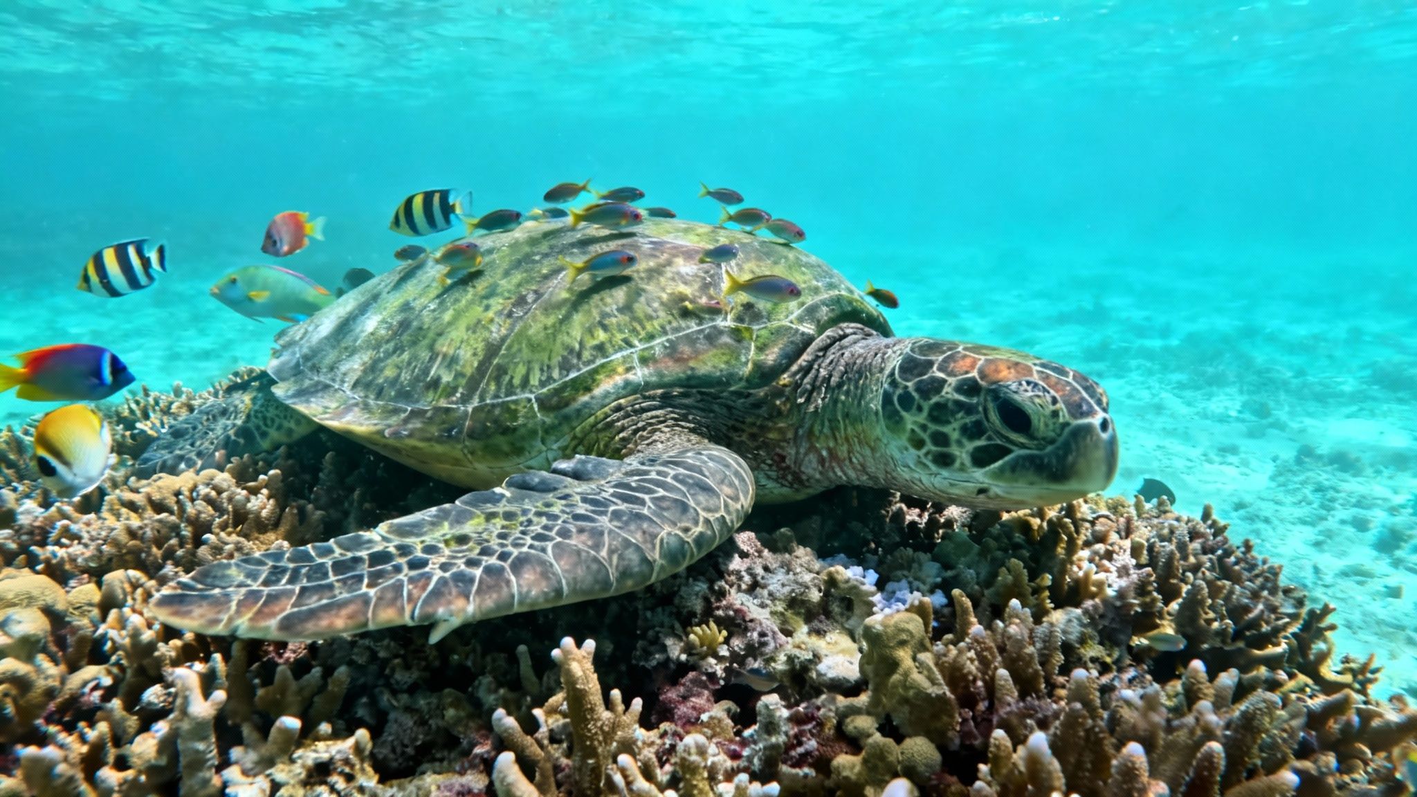A large green sea turtle rests on vibrant coral, surrounded by numerous small fish underwater.