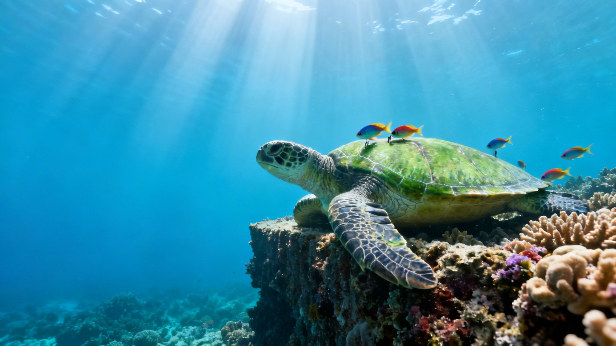 A majestic green sea turtle rests on a vibrant coral reef with colorful fish under sun rays.