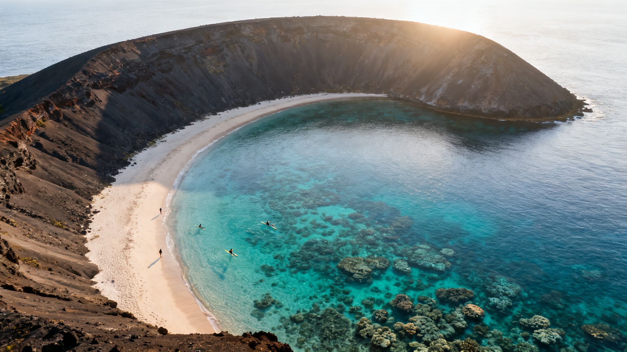 Aerial view of a pristine crescent bay with white sand beach, turquoise water, coral, and dark cliffs.