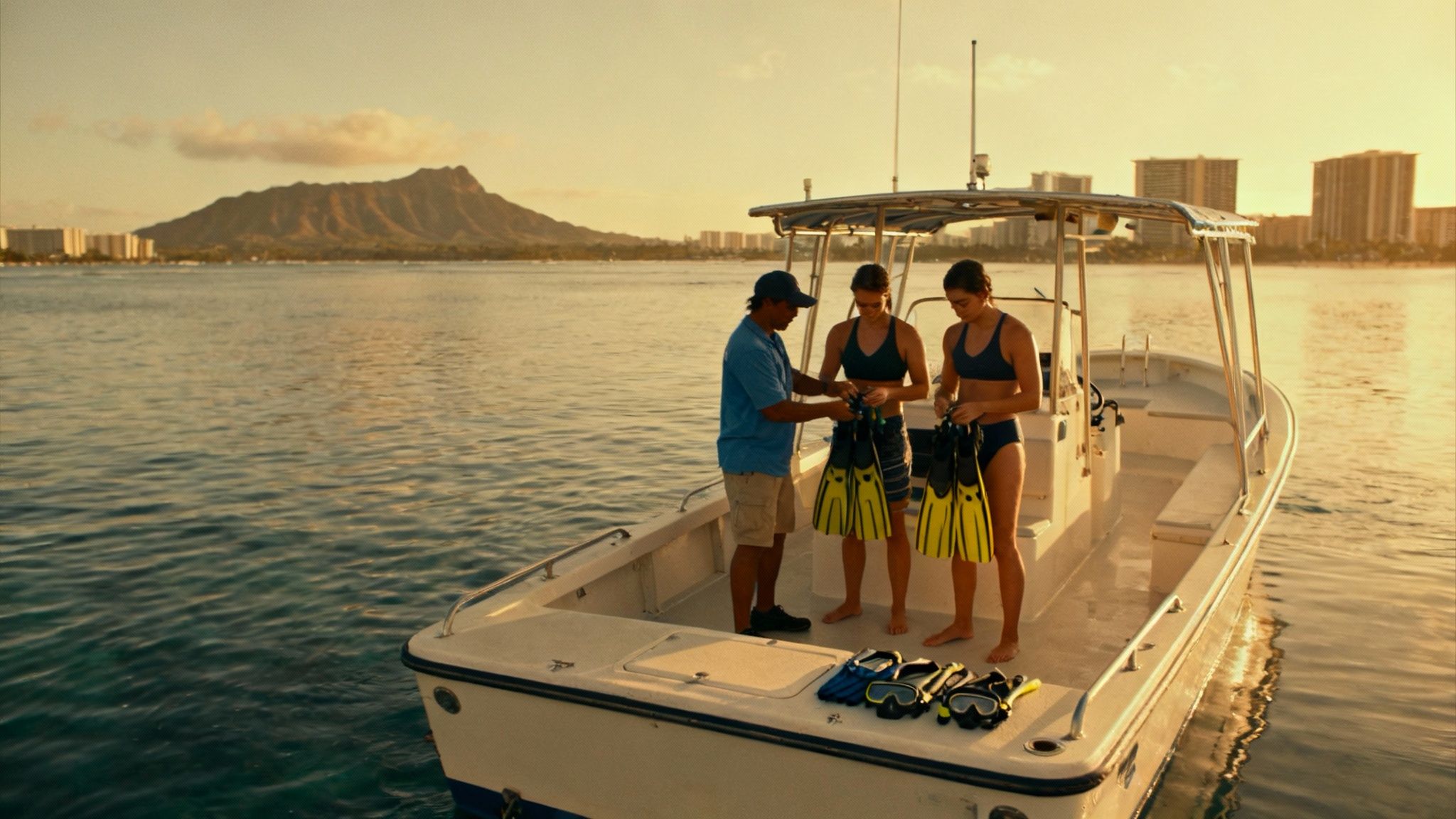 Three people on a boat prepare to snorkel with yellow fins, masks, and Diamond Head in the background.