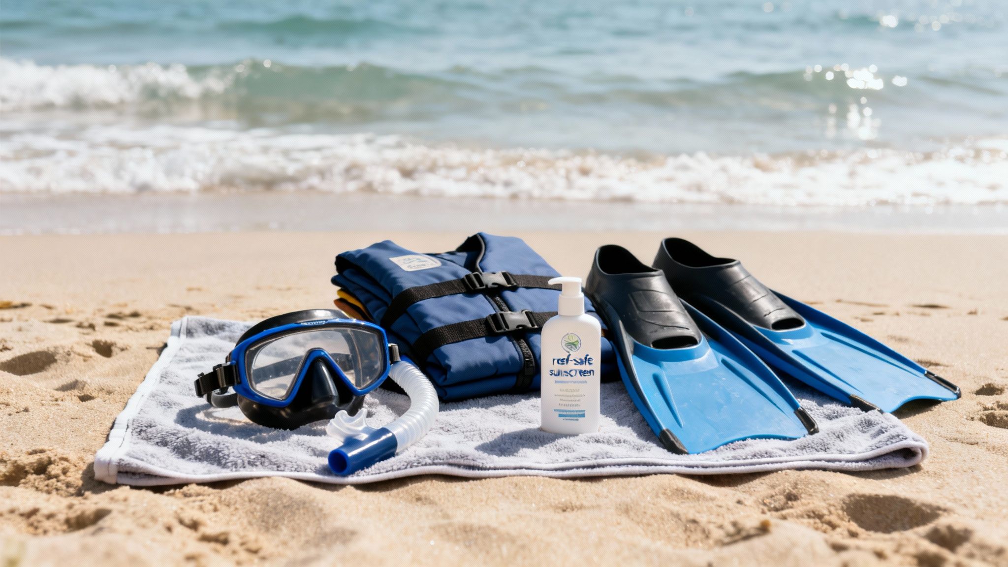 Snorkeling gear including mask, snorkel, fins, a life vest, and reef-safe sunscreen on a beach towel by the ocean.