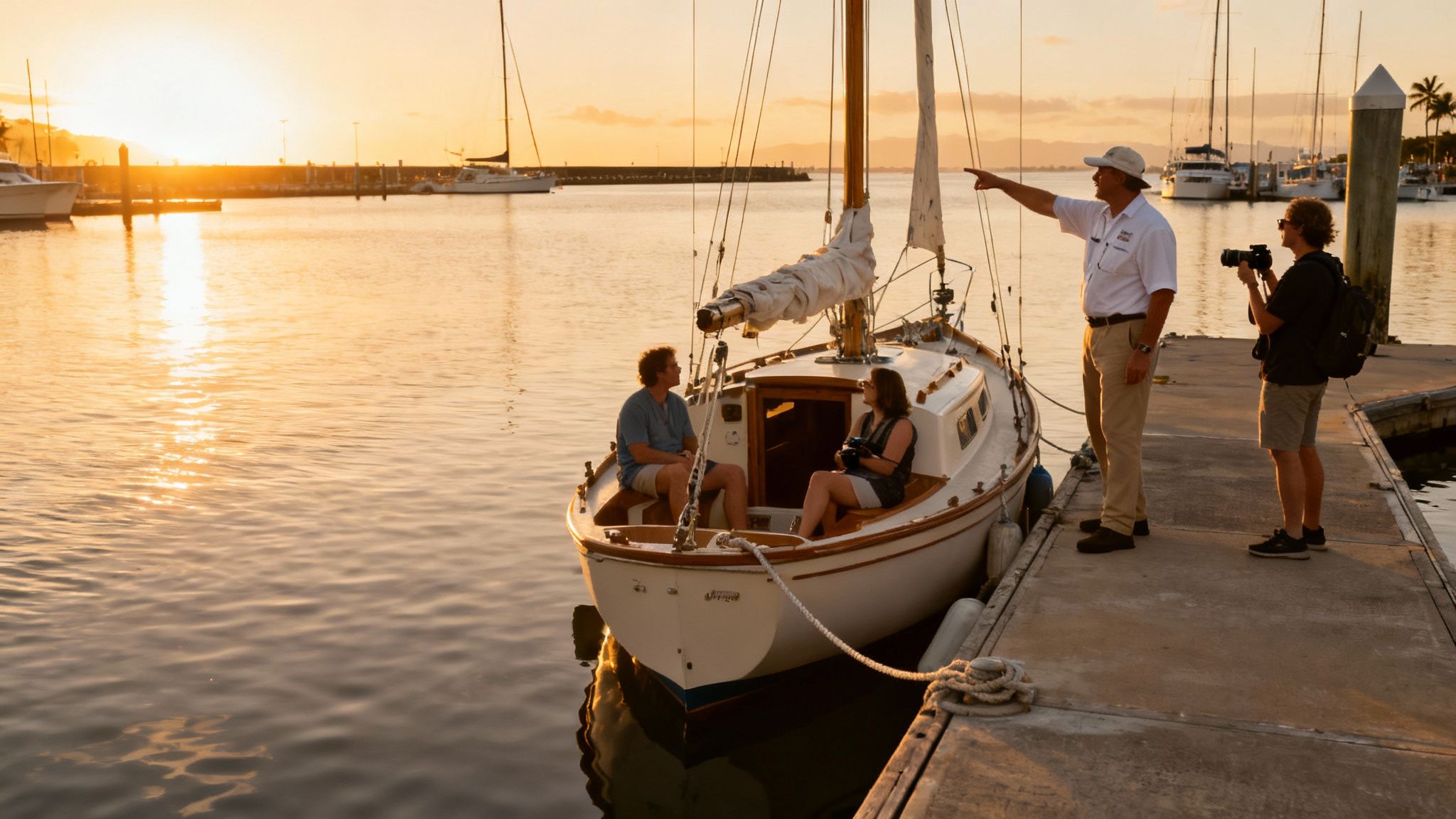 People on a dock and sailboat enjoying a golden sunset at a marina.
