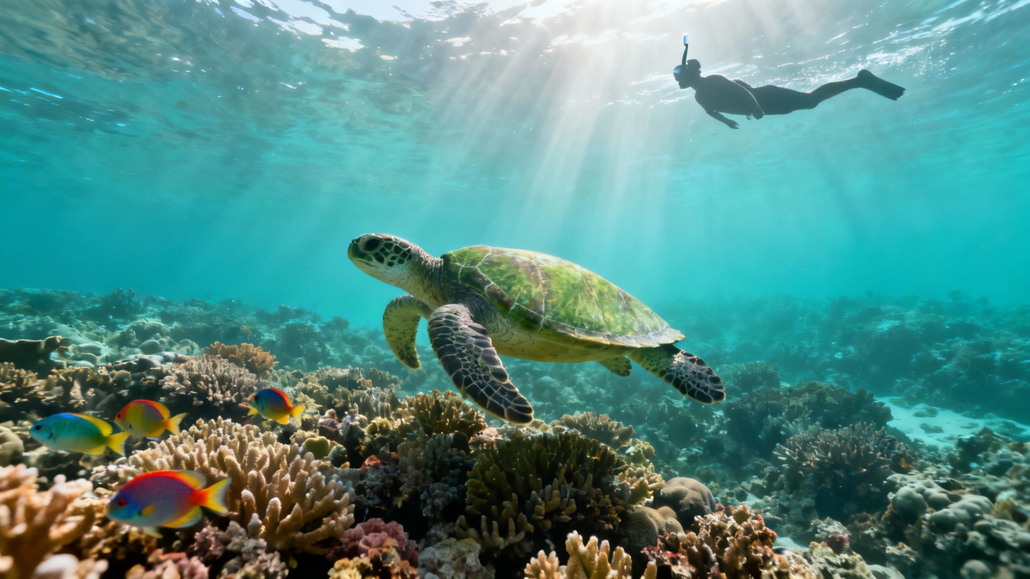 An underwater view of a sea turtle swimming over a vibrant coral reef with colorful fish and a snorkeler above.