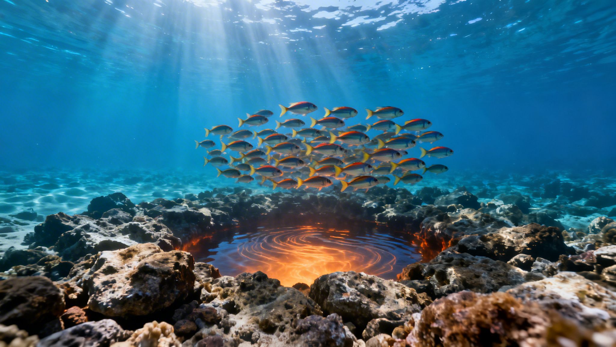 Sunlit school of fish hovers over a mystical glowing orange pool on a rocky seabed.