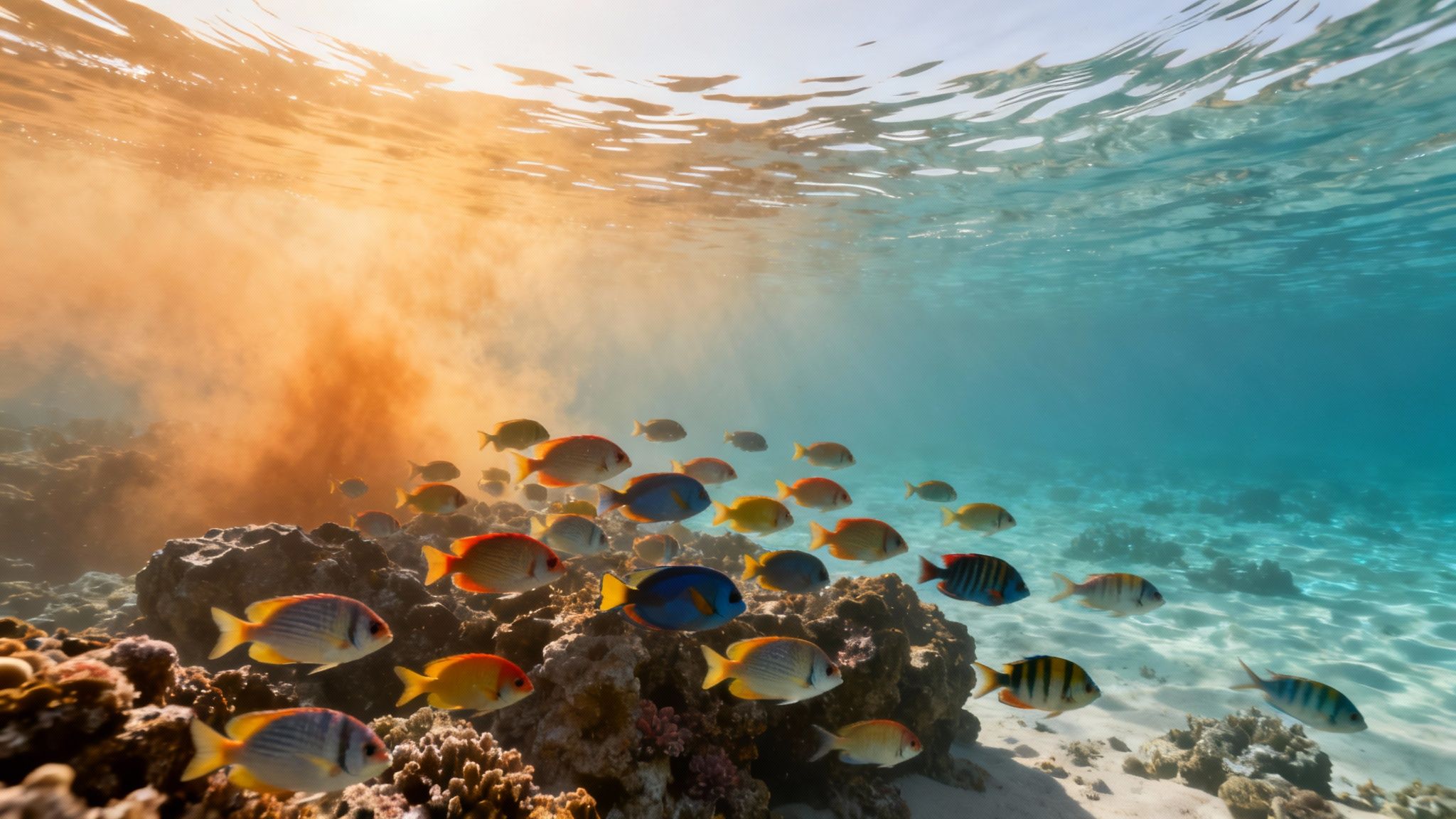 A vibrant underwater scene with a school of colorful fish swimming near a coral reef.
