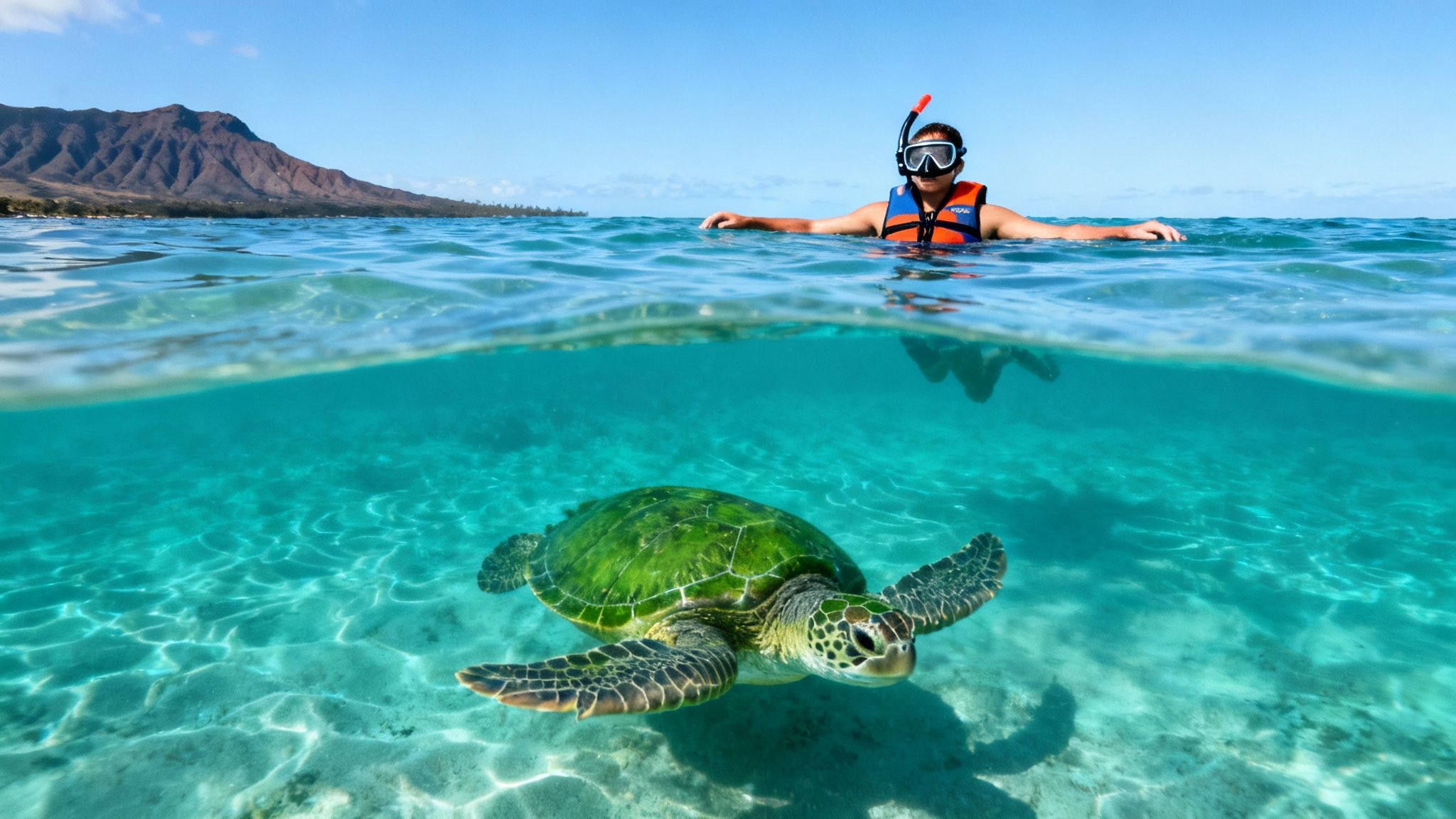 A split-level photo shows a person snorkeling above a green sea turtle in clear blue Hawaiian waters.
