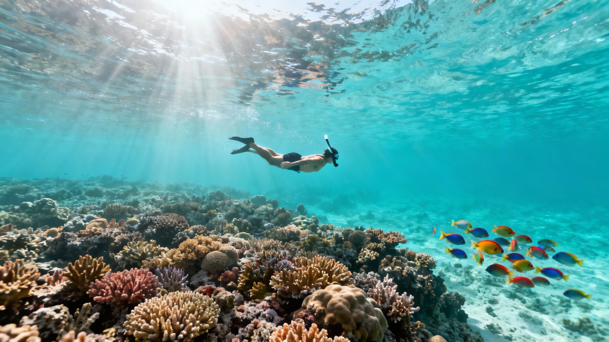 A man snorkels over a colorful coral reef with bright sun rays and a school of tropical fish.