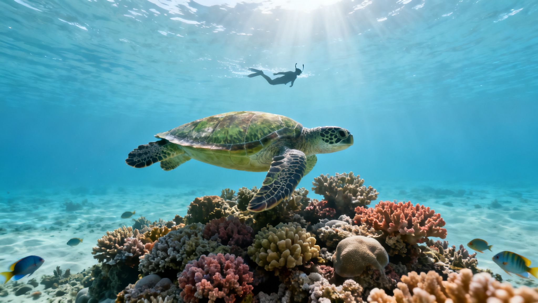 A majestic green sea turtle glides over a vibrant coral reef under clear blue water with a snorkeler.