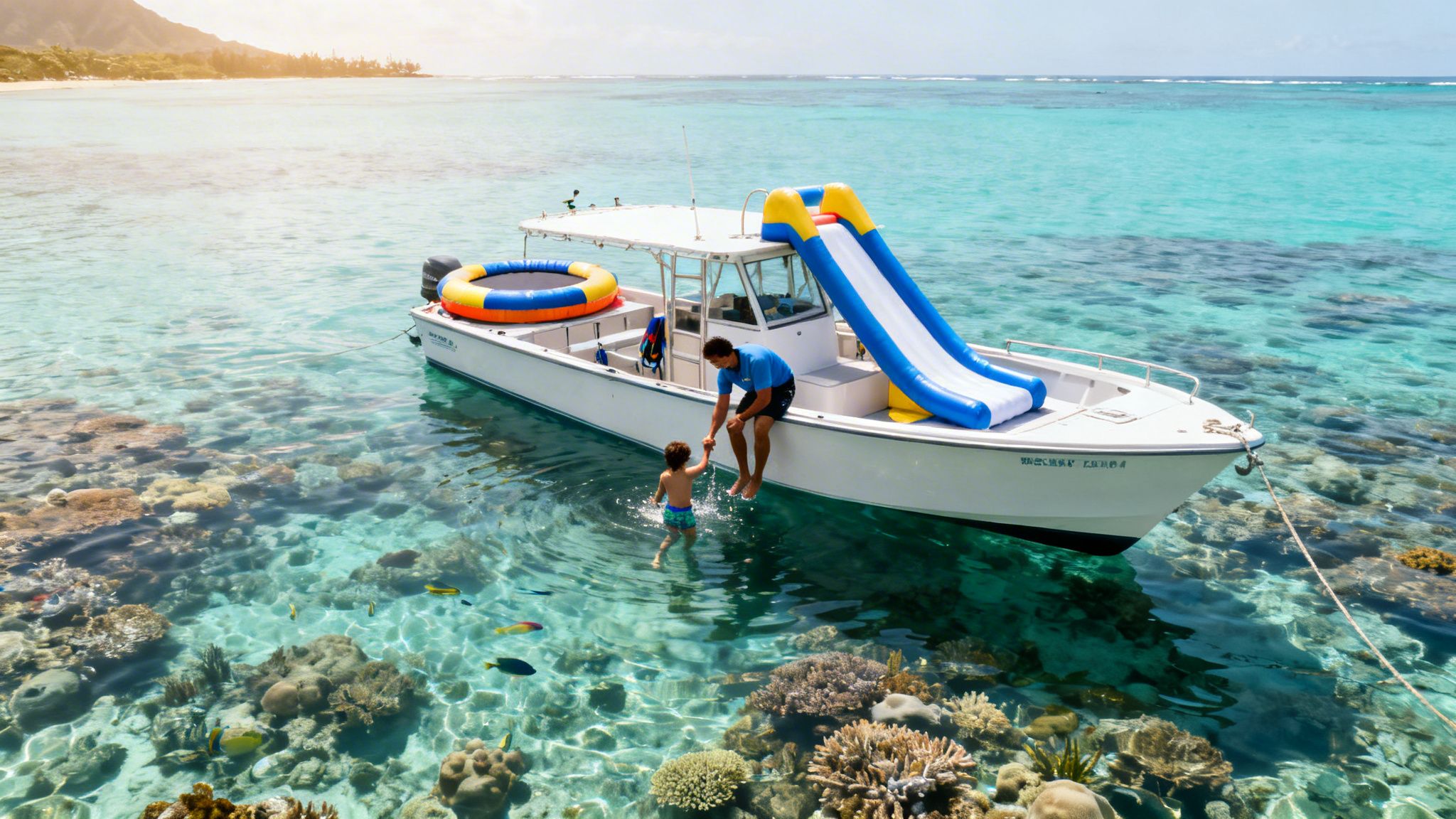 A man helps a child into the clear blue ocean from a boat, over vibrant coral reefs.