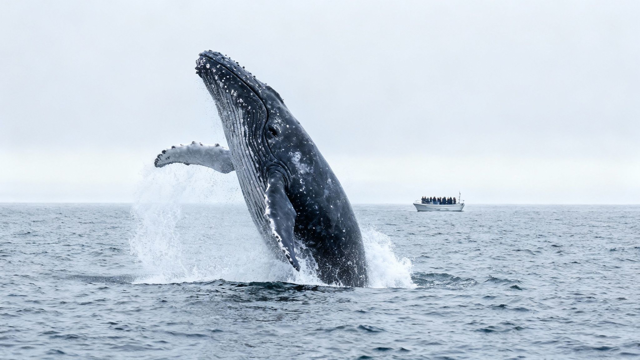 A massive humpback whale breaches out of the ocean water next to a whale watching boat.