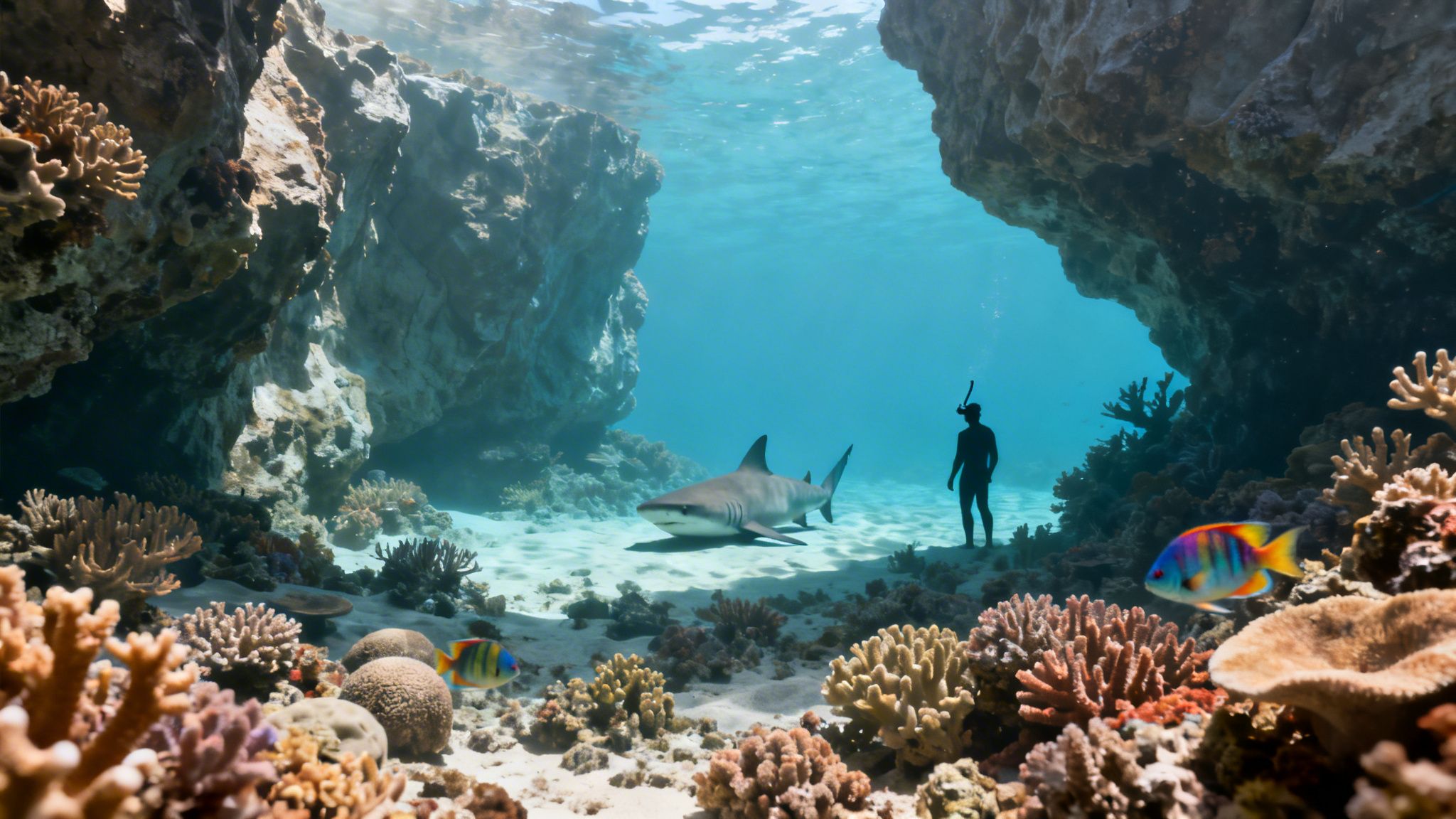 A diver observes a shark swimming over a vibrant coral reef in clear blue tropical waters.
