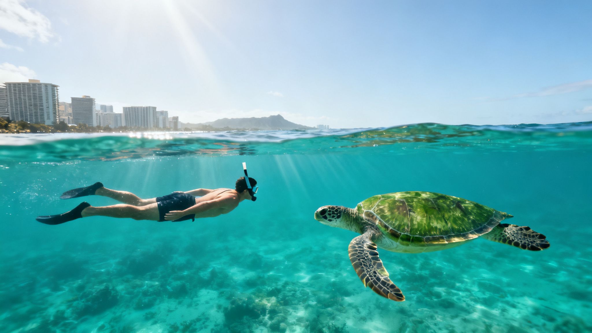 A snorkeler swims alongside a green sea turtle in clear blue ocean water, with a sunny city and mountain visible above the surface.
