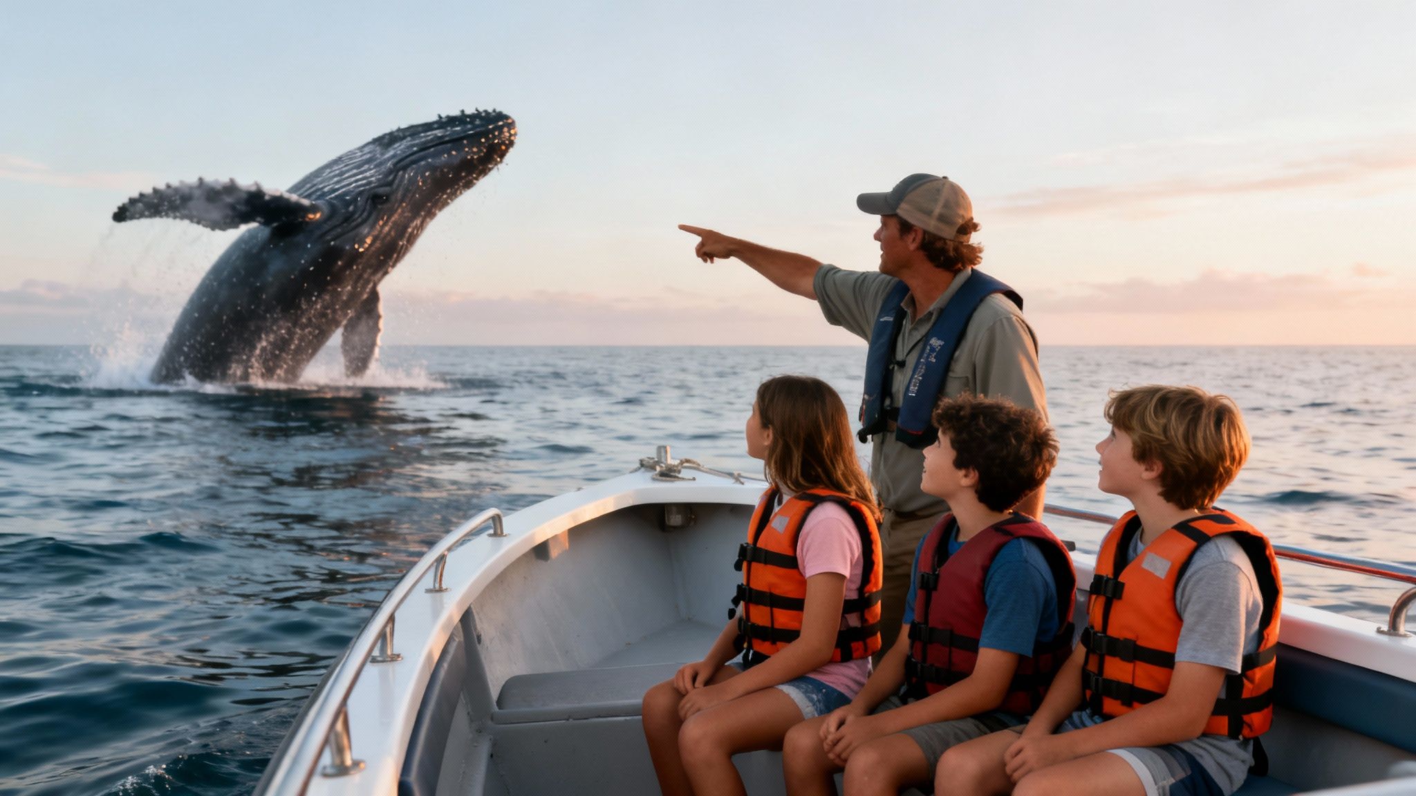 A man and three children on a boat watch a humpback whale breach in the ocean at sunset.