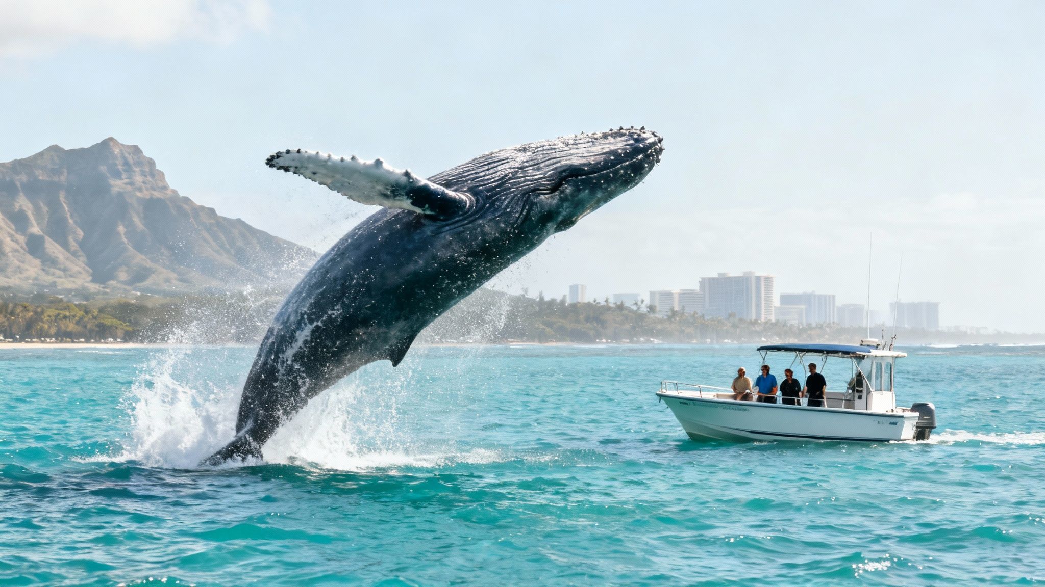 Humpback whale breaching near tour boat with Diamond Head mountain and Honolulu skyline background