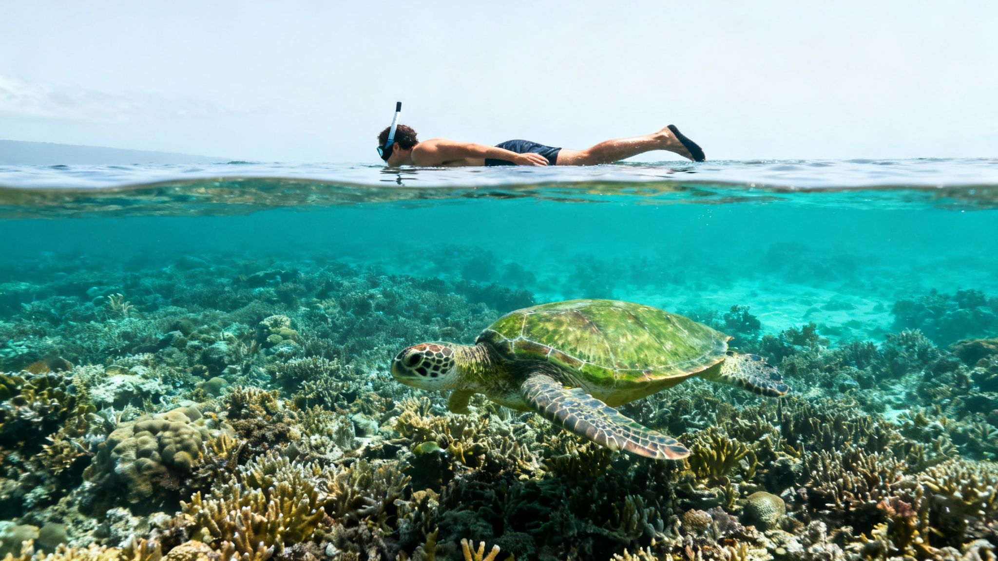 Split view of a man snorkeling above a green sea turtle swimming over a vibrant coral reef.