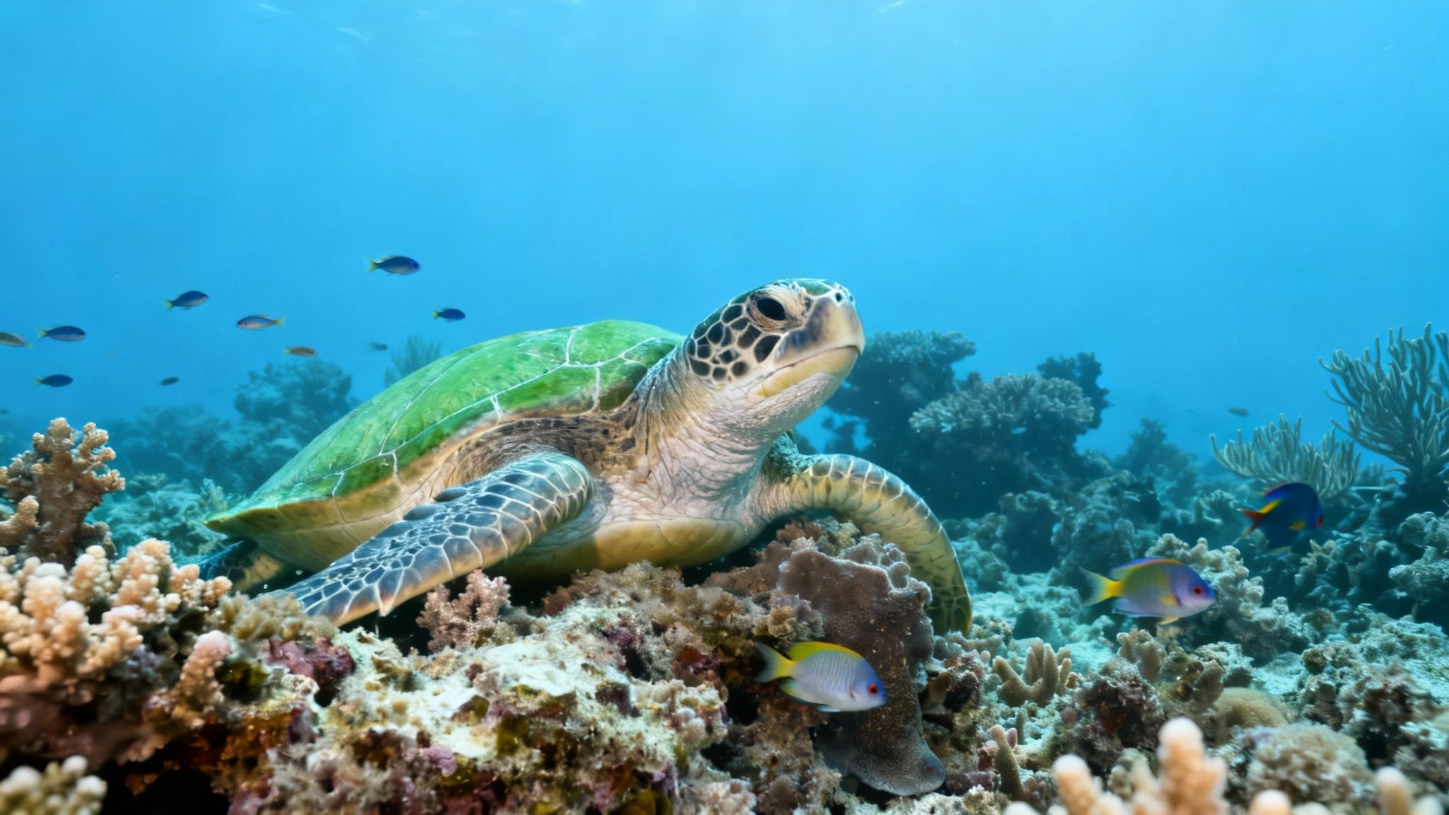 A majestic green sea turtle rests on a vibrant coral reef surrounded by tropical fish.