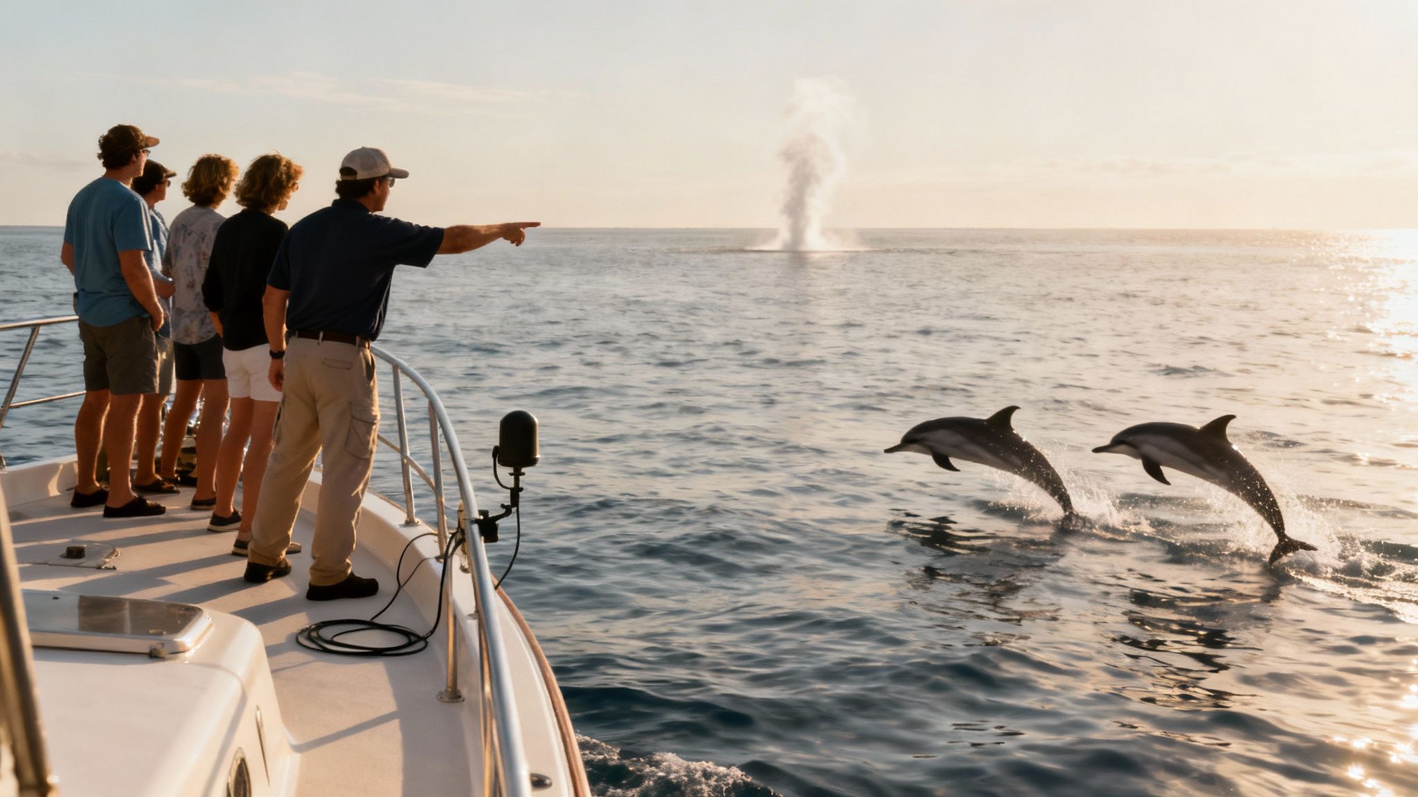Group of tourists on boat watching dolphins jumping near whale spout during Honolulu ocean tour
