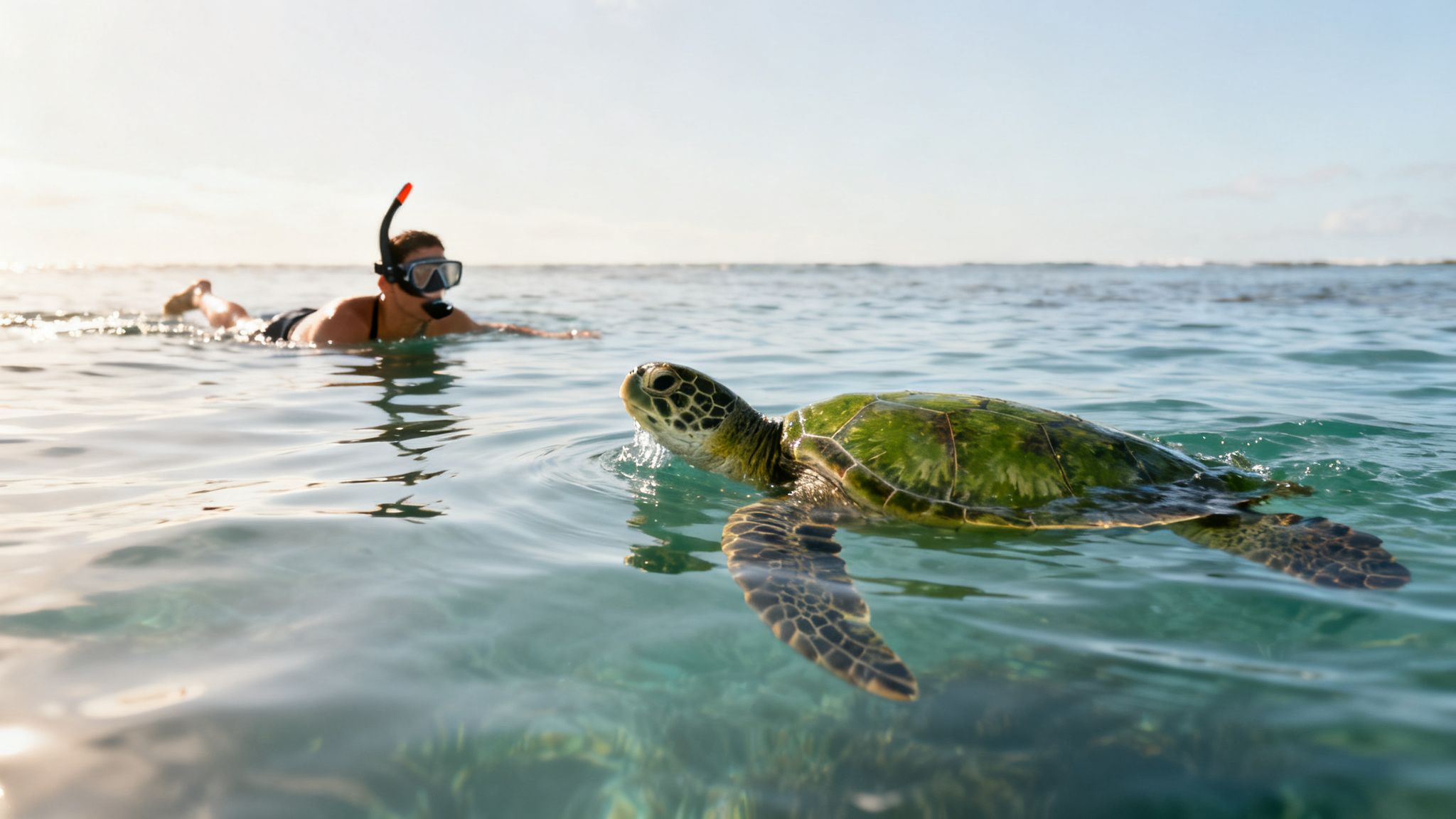 A person with a snorkel mask observes a majestic green sea turtle swimming in bright, clear ocean water.
